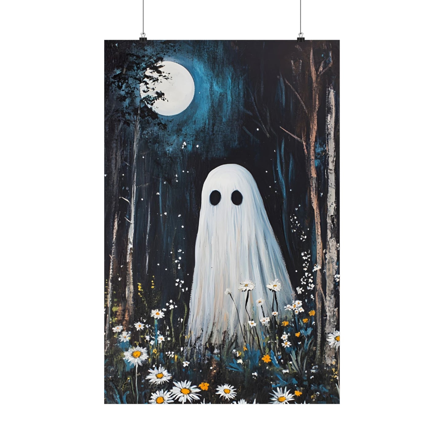 Ghost Painting - Cute Ghost in Forest Wall Art - Spooky Halloween Poster - Home Decor Prints