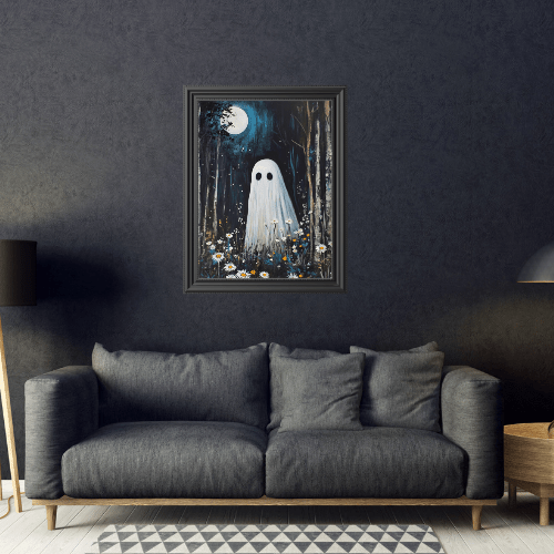 Ghost Painting - Cute Ghost in Forest Wall Art - Spooky Halloween Poster - Home Decor Prints - Boo and Bewear