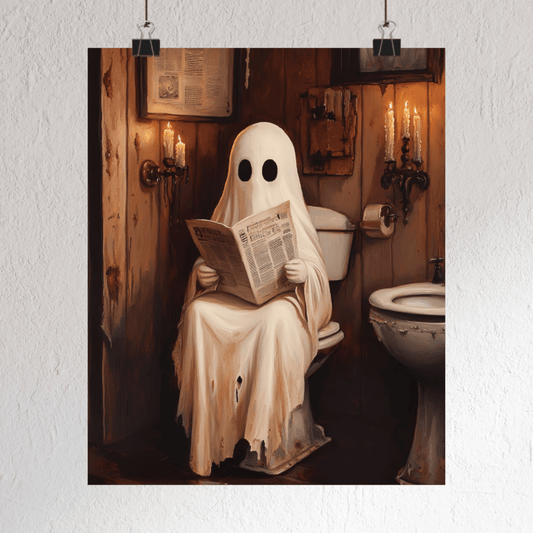 Ghost Reading Newspaper on Toilet - Vintage Bathroom Wall Art Print - Spooky and Funny Halloween Painting - Boo and Bewear