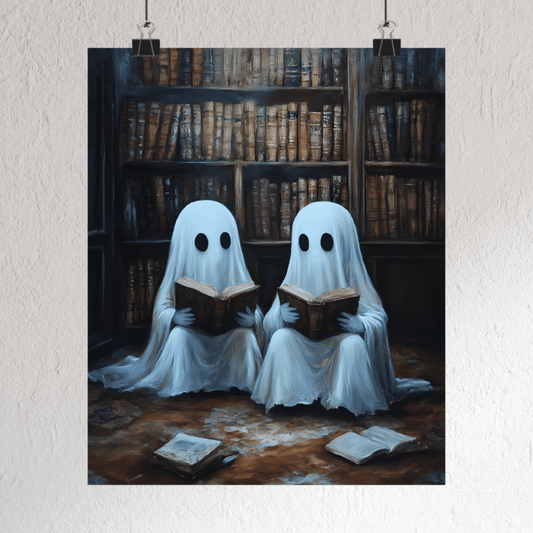 Ghosts Reading Books Wall Art Painting - Dark Academia Library Prints - Halloween Ghost Poster for Book Lovers - Boo and Bewear