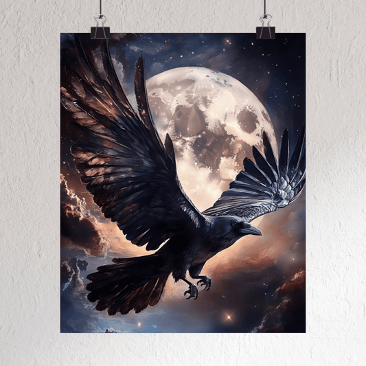 Gothic Raven Flying Wall Art Print - Dark Night Sky and Moon Goth Painting - Moody Dark Academia Poster - Boo and Bewear