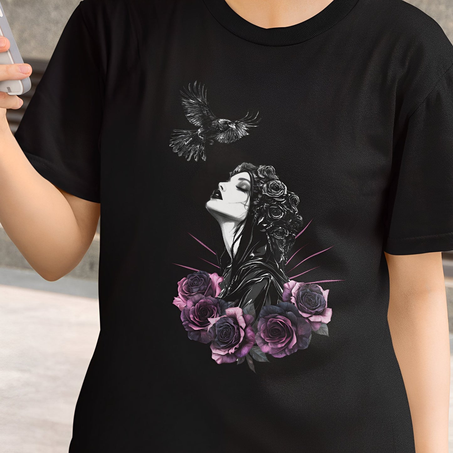 Gothic T-Shirt with Pastel Roses and Raven - Dark Romance in Flight - Boo and Bewear