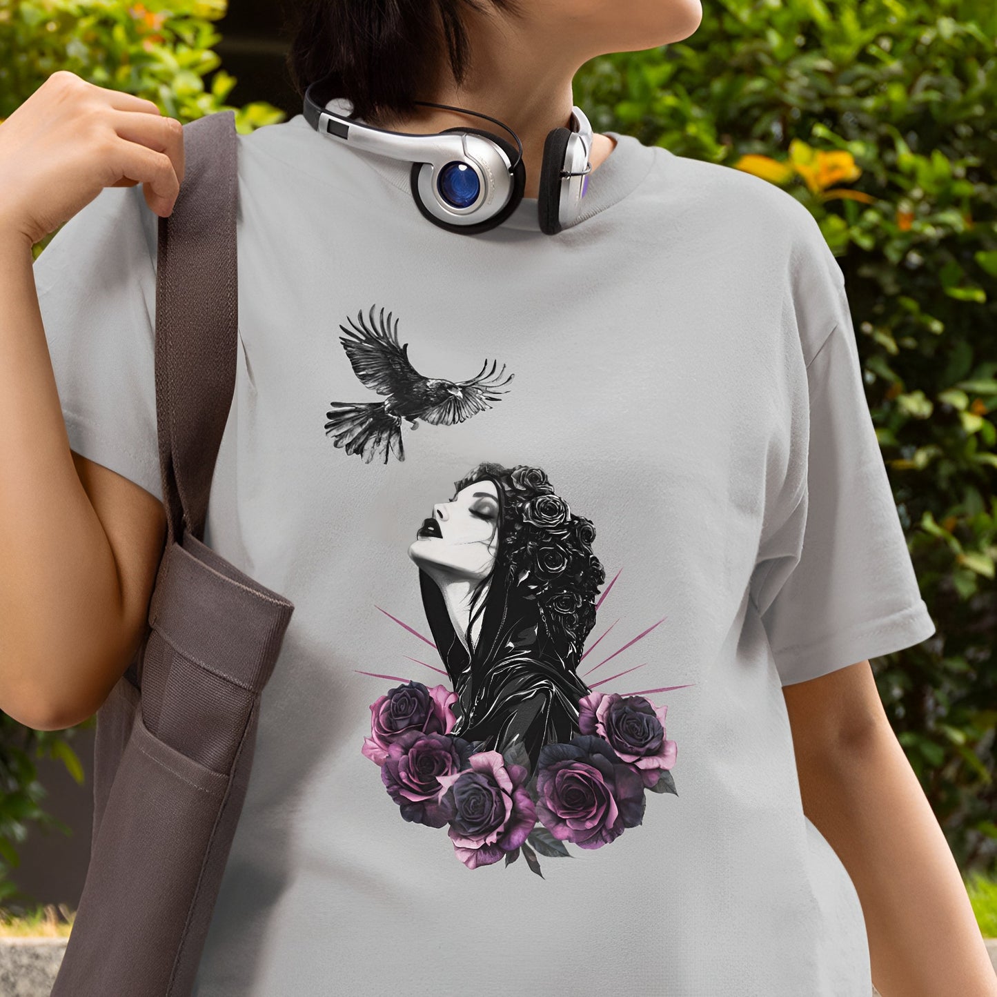 Gothic T-Shirt with Pastel Roses and Raven - Dark Romance in Flight - Boo and Bewear