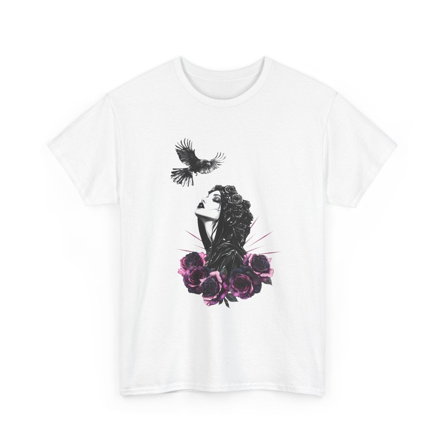 Gothic T-Shirt with Pastel Roses and Raven - Dark Romance in Flight - Boo and Bewear