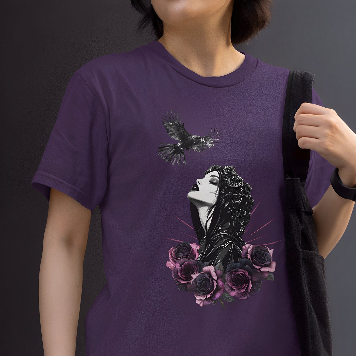 Gothic T-Shirt with Pastel Roses and Raven - Dark Romance in Flight - Boo and Bewear