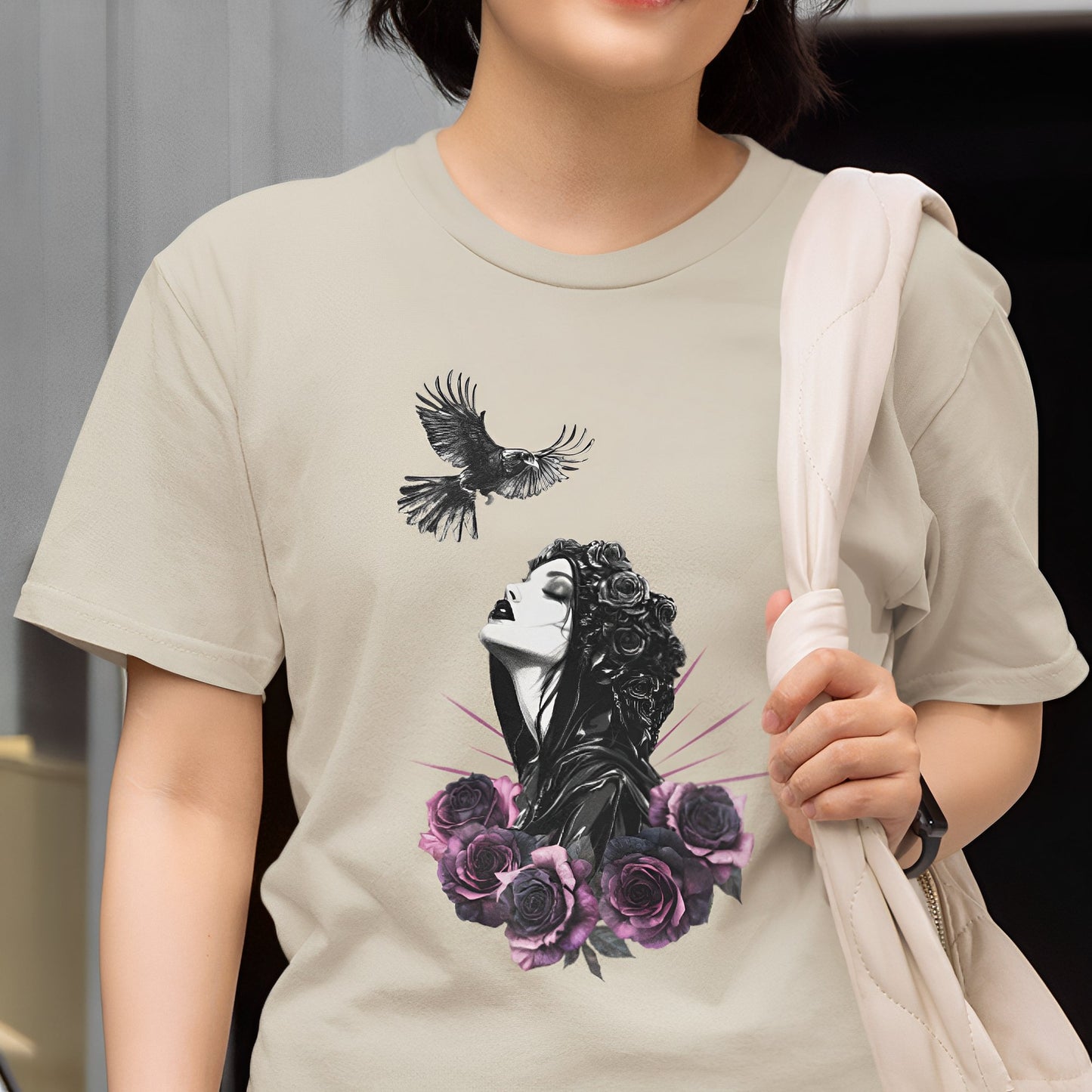 Gothic T-Shirt with Pastel Roses and Raven - Dark Romance in Flight - Boo and Bewear