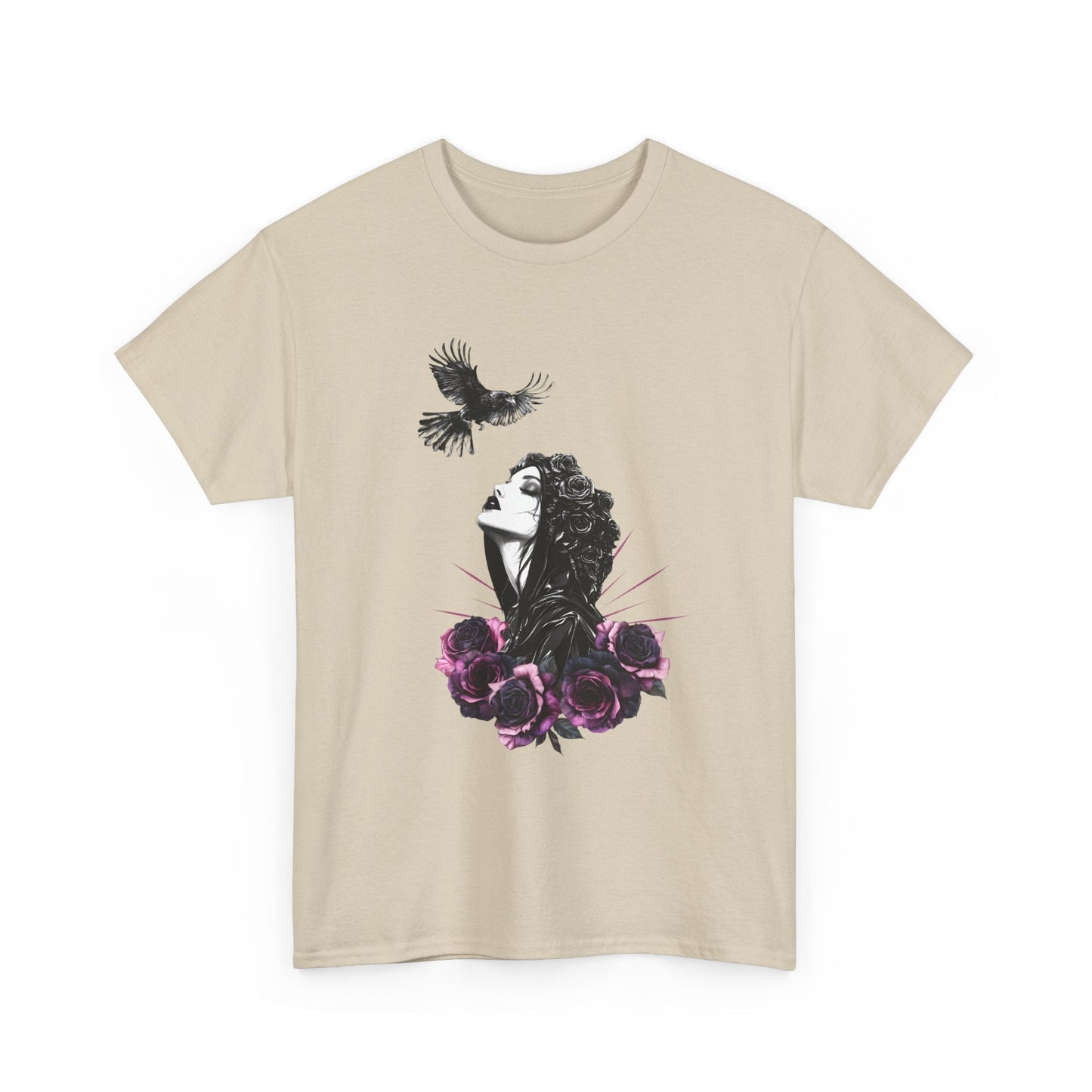 Gothic T-Shirt with Pastel Roses and Raven - Dark Romance in Flight - Boo and Bewear