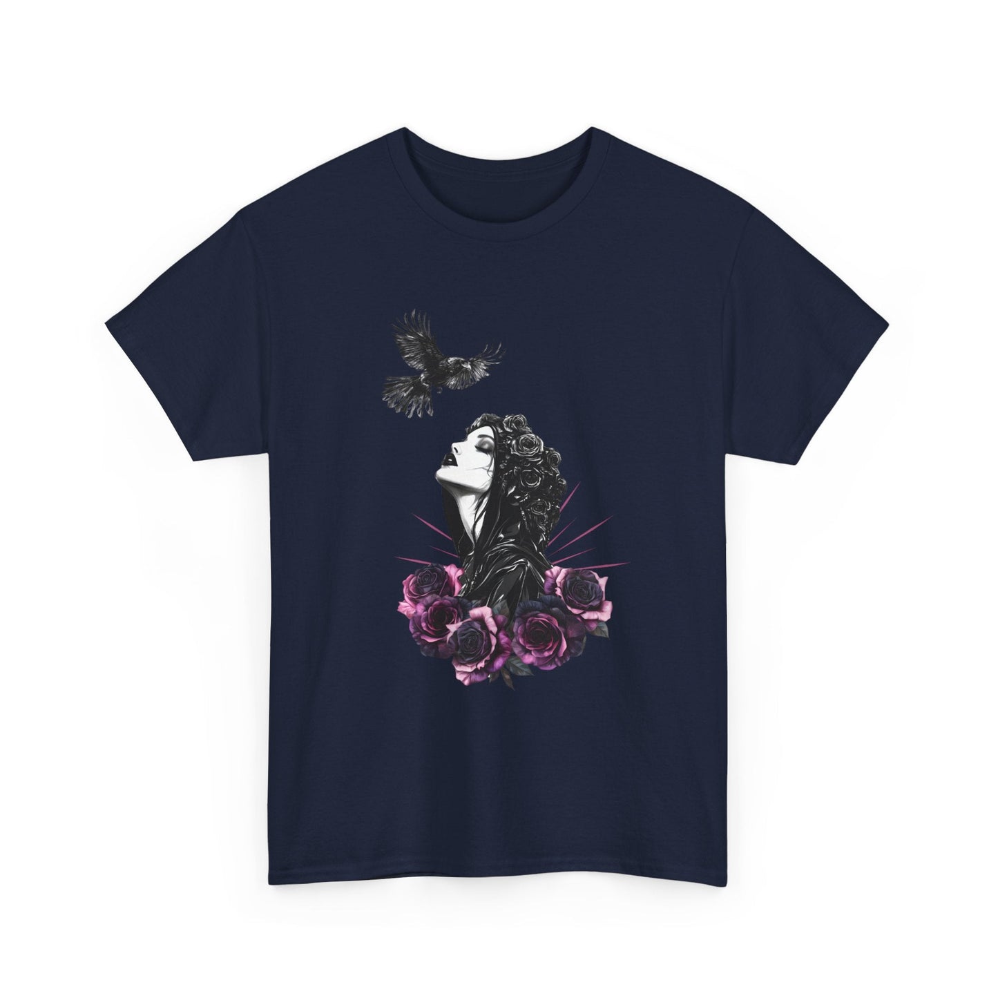 Gothic T-Shirt with Pastel Roses and Raven - Dark Romance in Flight - Boo and Bewear