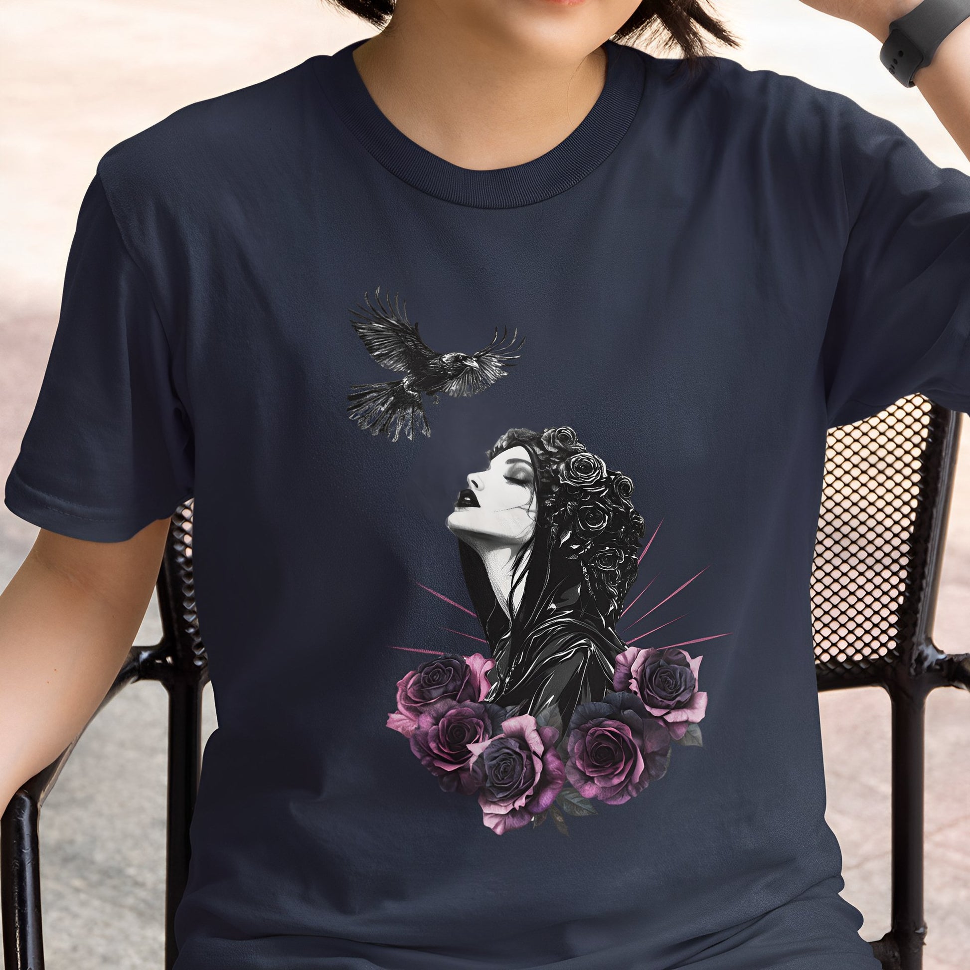 Gothic T-Shirt with Pastel Roses and Raven - Dark Romance in Flight - Boo and Bewear