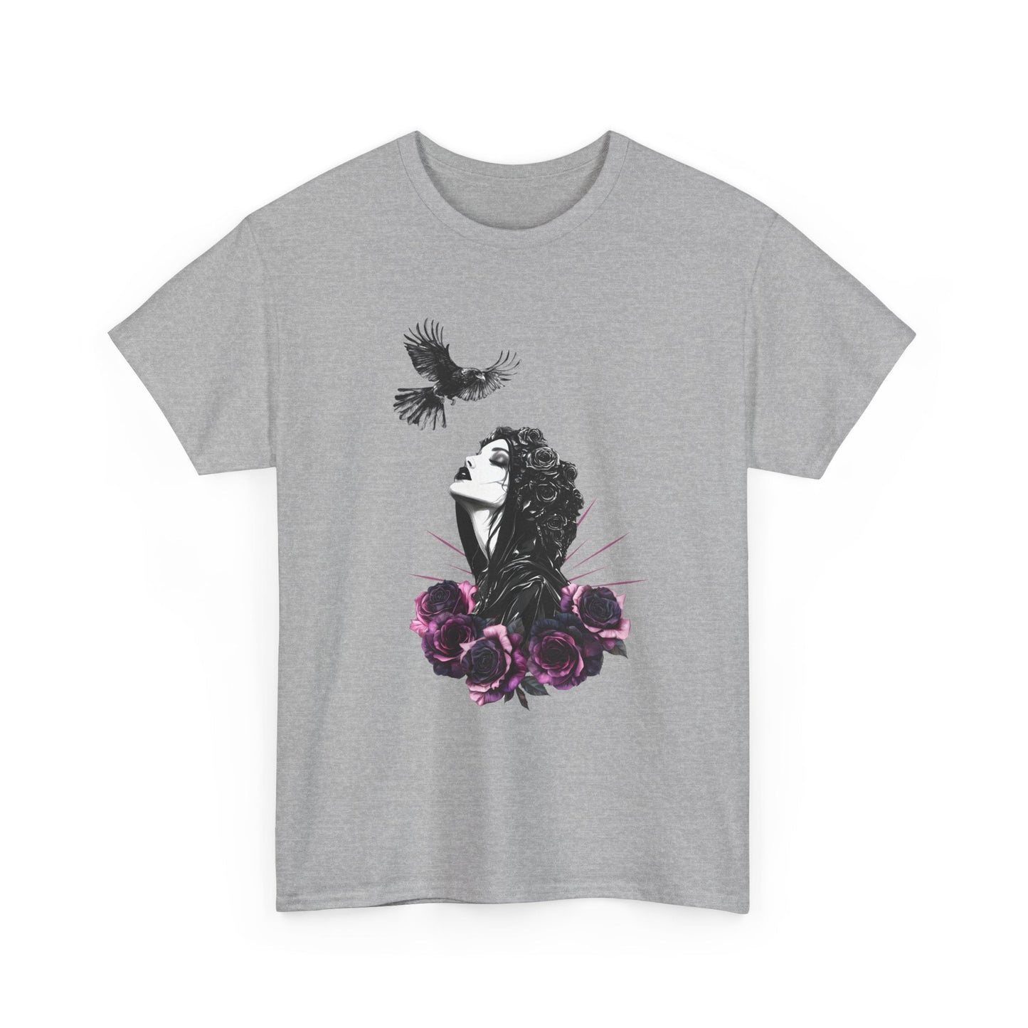 Gothic T-Shirt with Pastel Roses and Raven - Dark Romance in Flight - Boo and Bewear