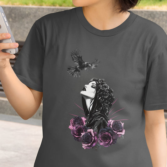 Gothic T-Shirt with Pastel Roses and Raven - Dark Romance in Flight - Boo and Bewear