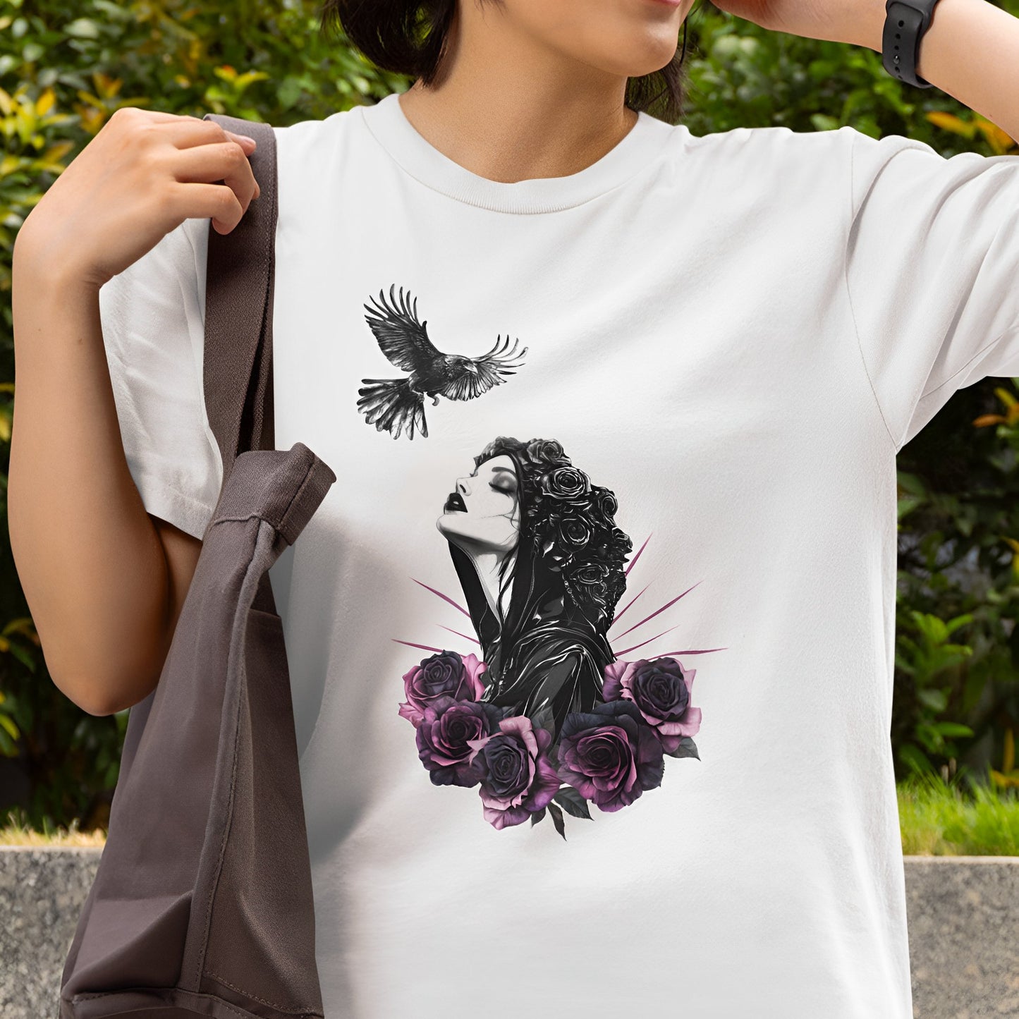 Gothic T-Shirt with Pastel Roses and Raven - Dark Romance in Flight - Boo and Bewear