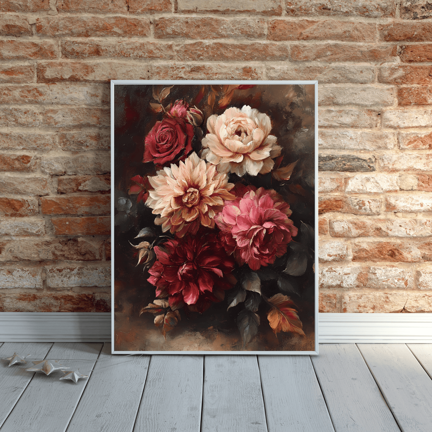 Moody Flowers Wall Art Print - Vintage Floral Poster - Dahlia and Rose Flower Painting - Botanical Wall Decor