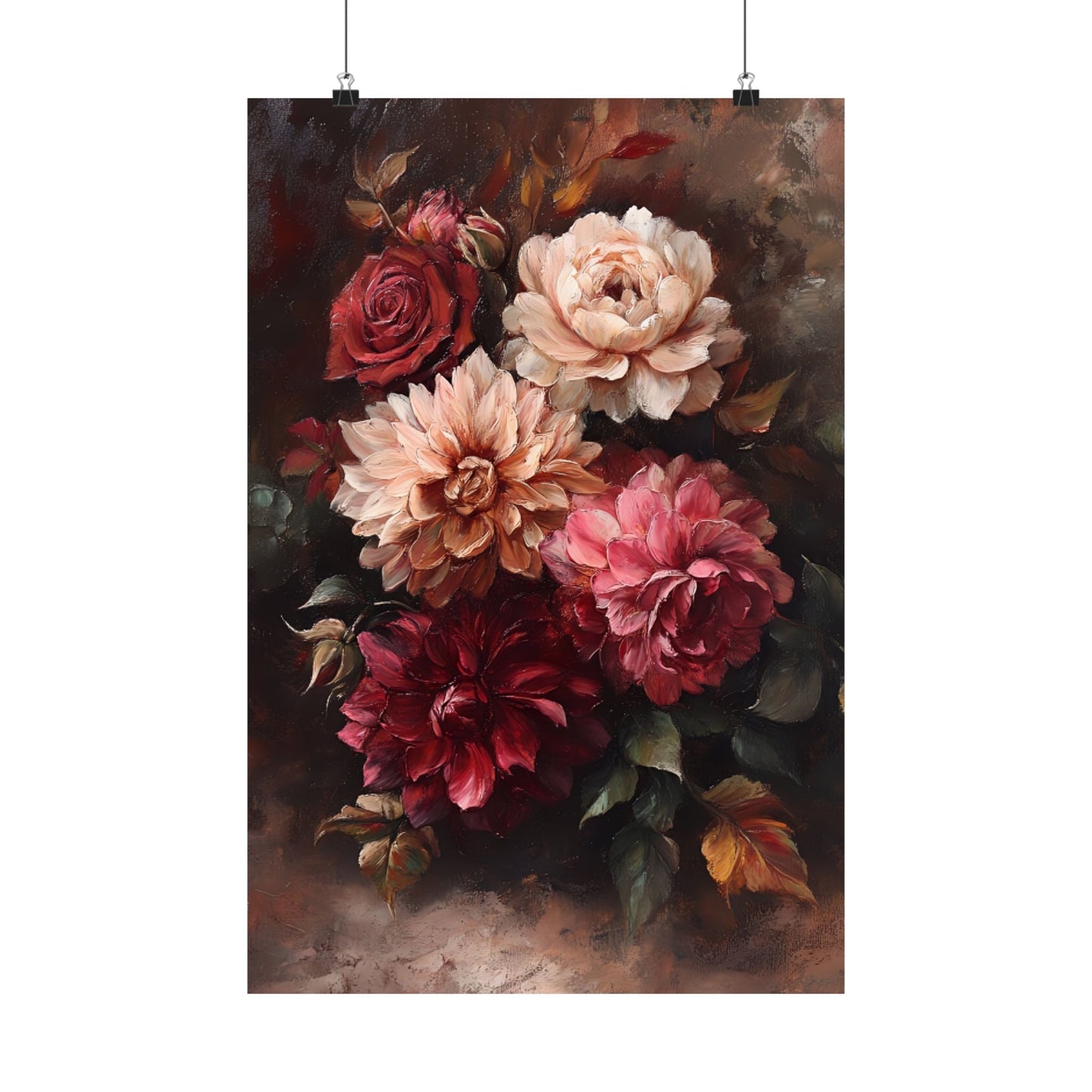 Moody Flowers Wall Art Print - Vintage Floral Poster - Dahlia and Rose Flower Painting - Botanical Wall Decor