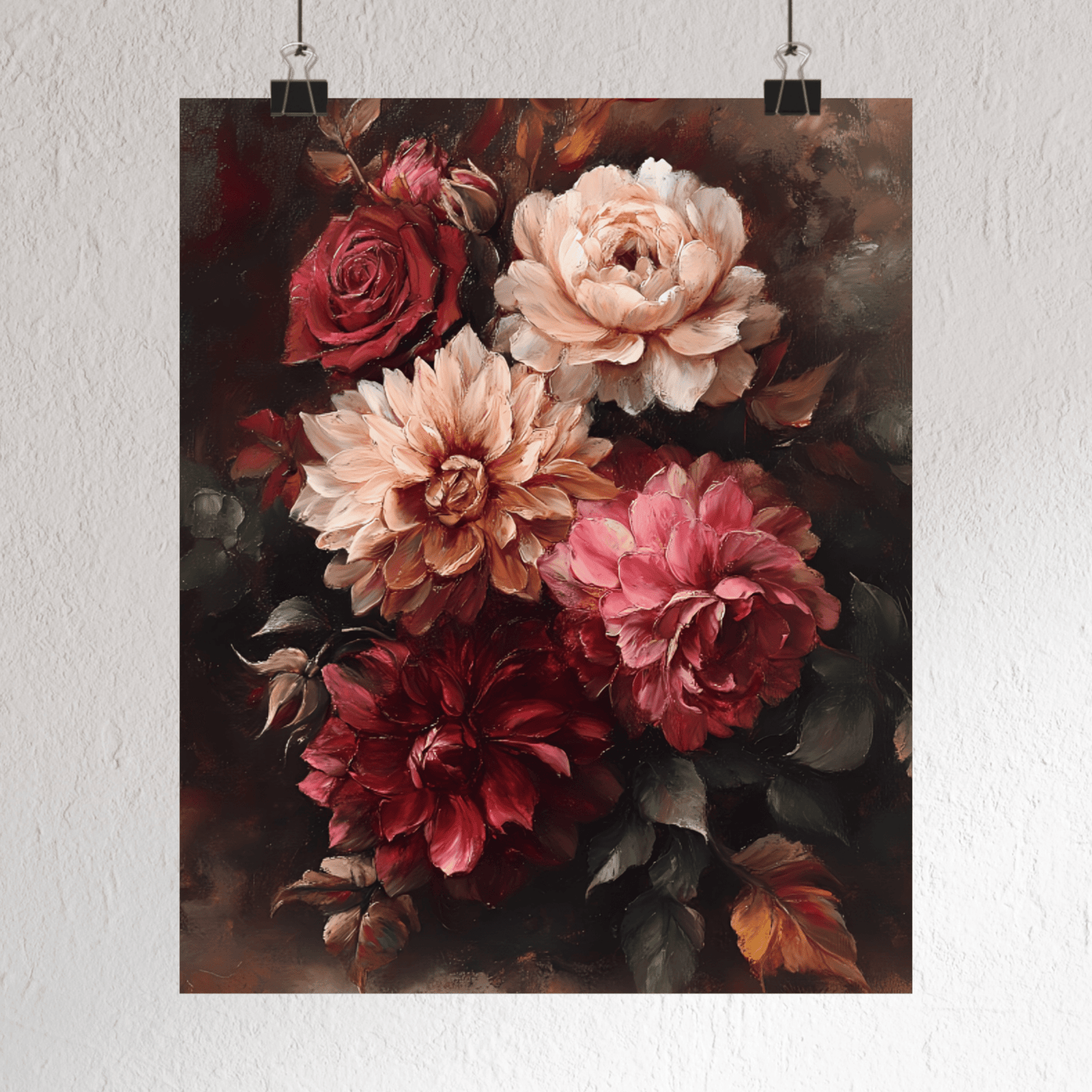 Moody Flowers Wall Art Print - Vintage Floral Poster - Dahlia and Rose Flower Painting - Botanical Wall Decor