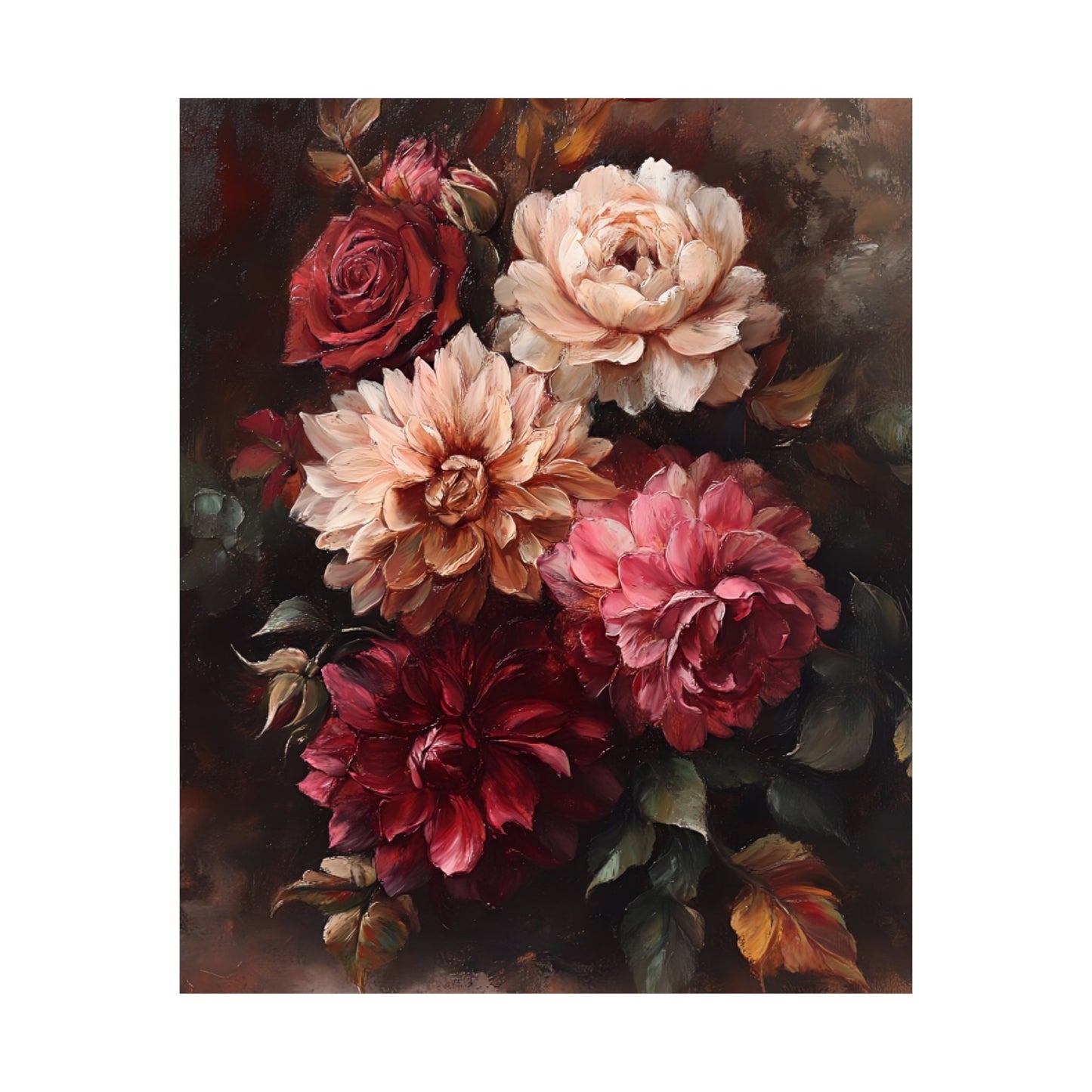 Moody Flowers Wall Art Print - Vintage Floral Poster - Dahlia and Rose Flower Painting - Botanical Wall Decor