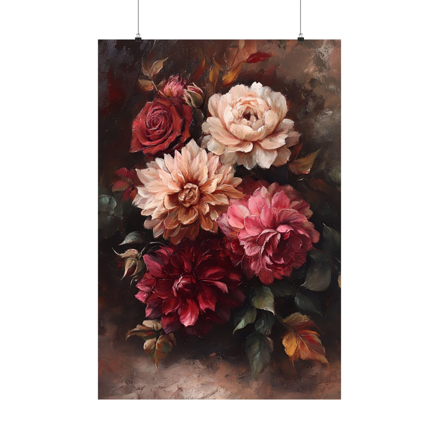 Moody Flowers Wall Art Print - Vintage Floral Poster - Dahlia and Rose Flower Painting - Botanical Wall Decor