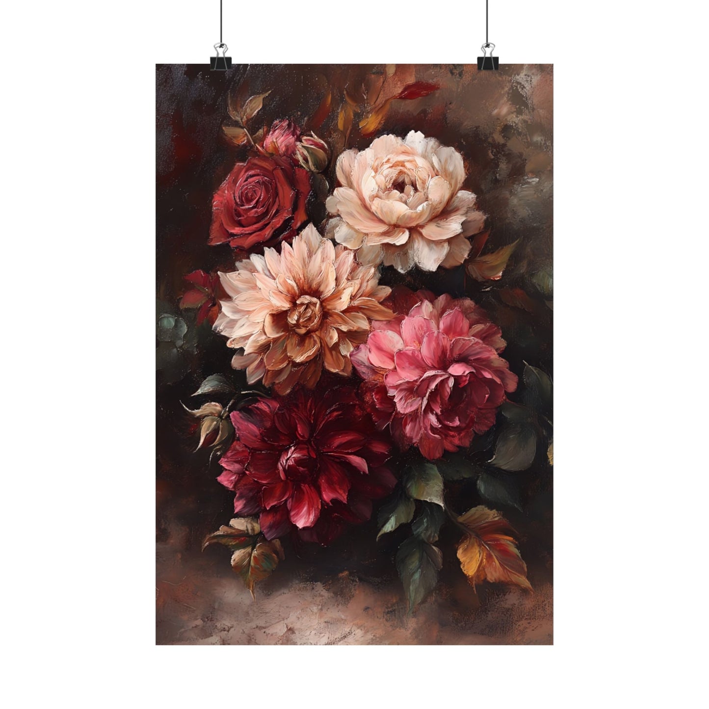 Moody Flowers Wall Art Print - Vintage Floral Poster - Dahlia and Rose Flower Painting - Botanical Wall Decor