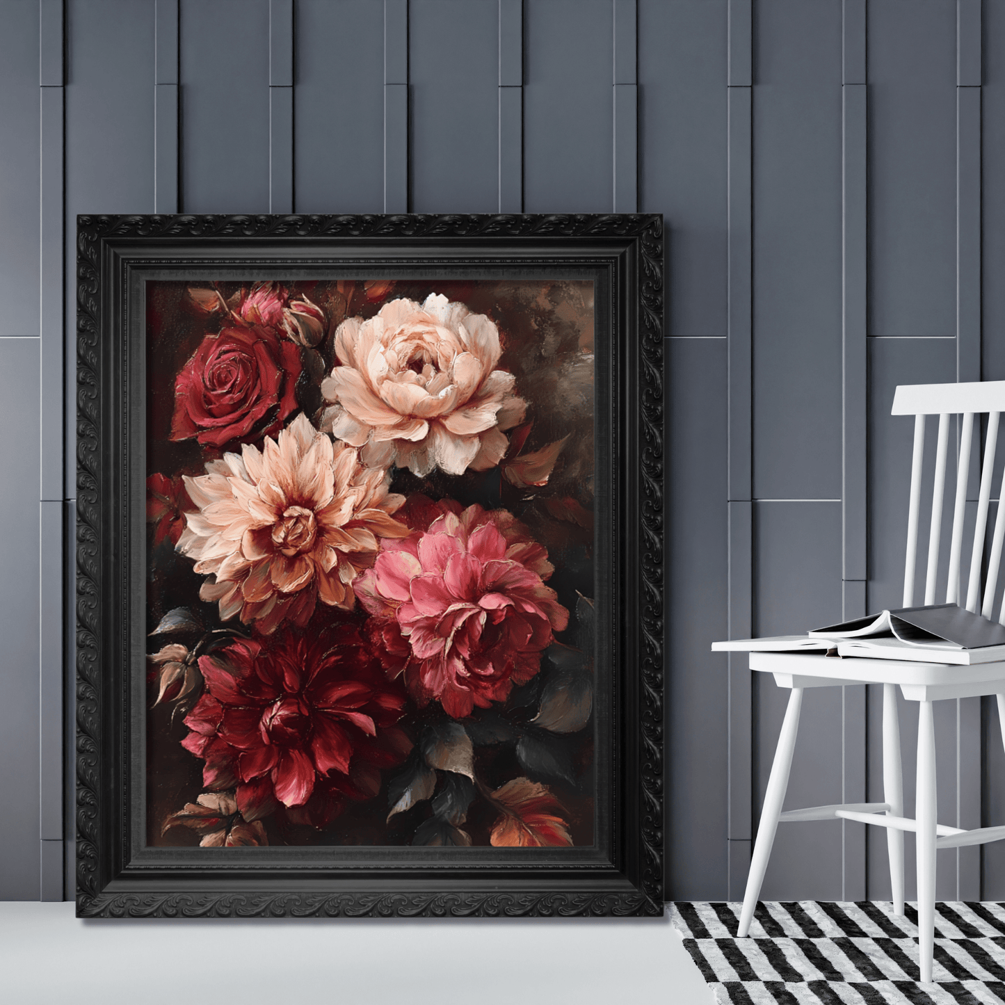 Moody Flowers Wall Art Print - Vintage Floral Poster - Dahlia and Rose Flower Painting - Botanical Wall Decor