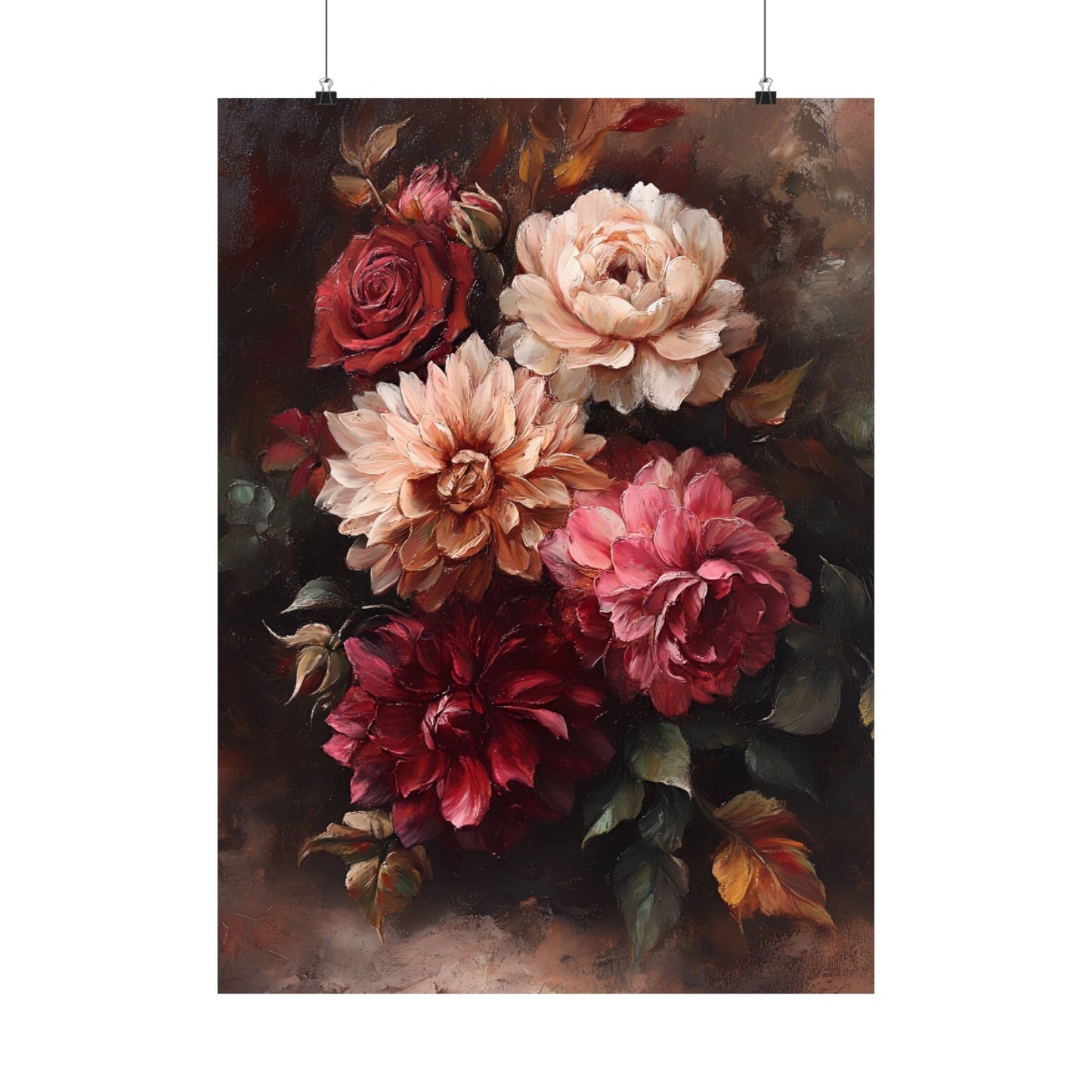 Moody Flowers Wall Art Print - Vintage Floral Poster - Dahlia and Rose Flower Painting - Botanical Wall Decor