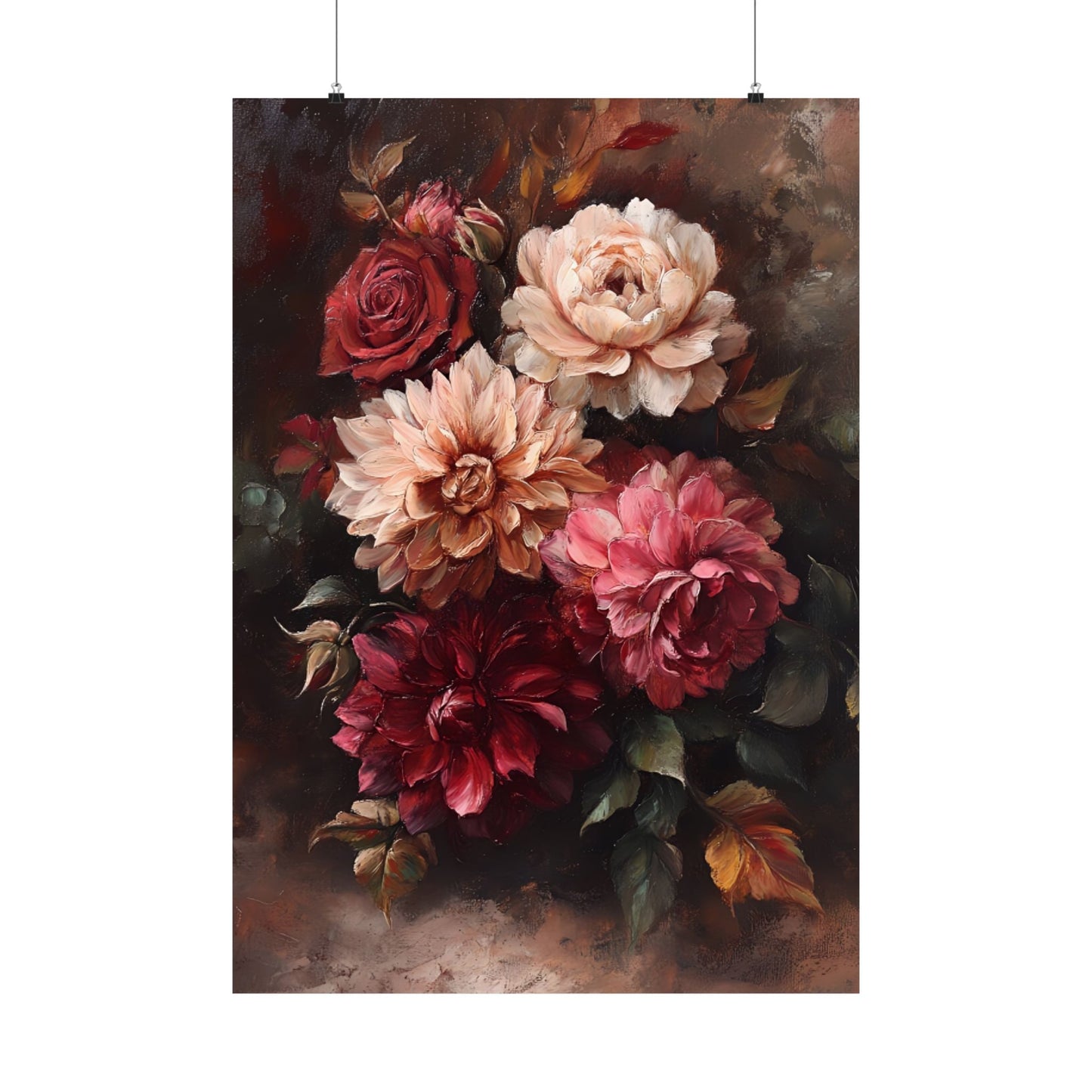 Moody Flowers Wall Art Print - Vintage Floral Poster - Dahlia and Rose Flower Painting - Botanical Wall Decor