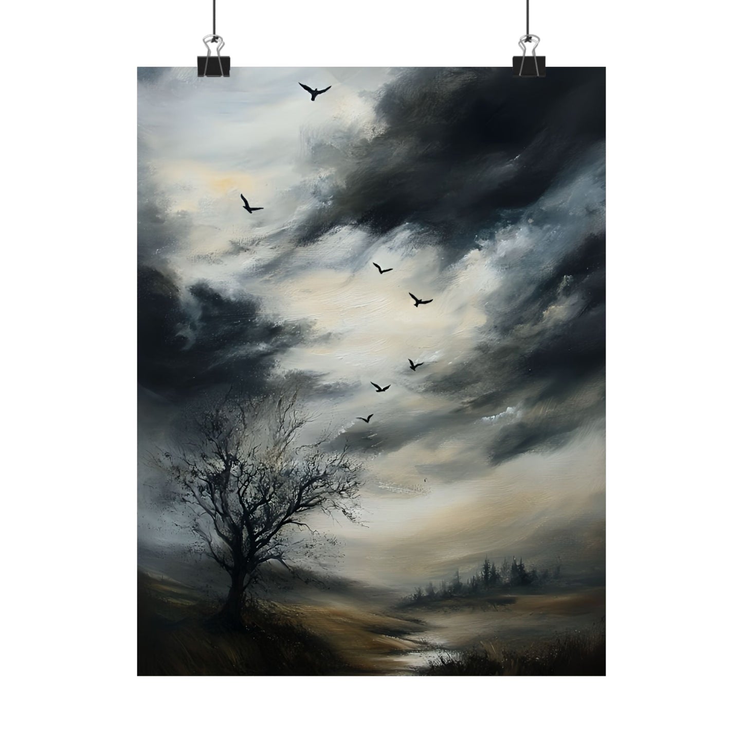 Moody Landscape Painting, Vintage Countryside Poster, Wildlife Print, Nature Wall Art, Dark Cloud Painting, Moody Sky Wall Art