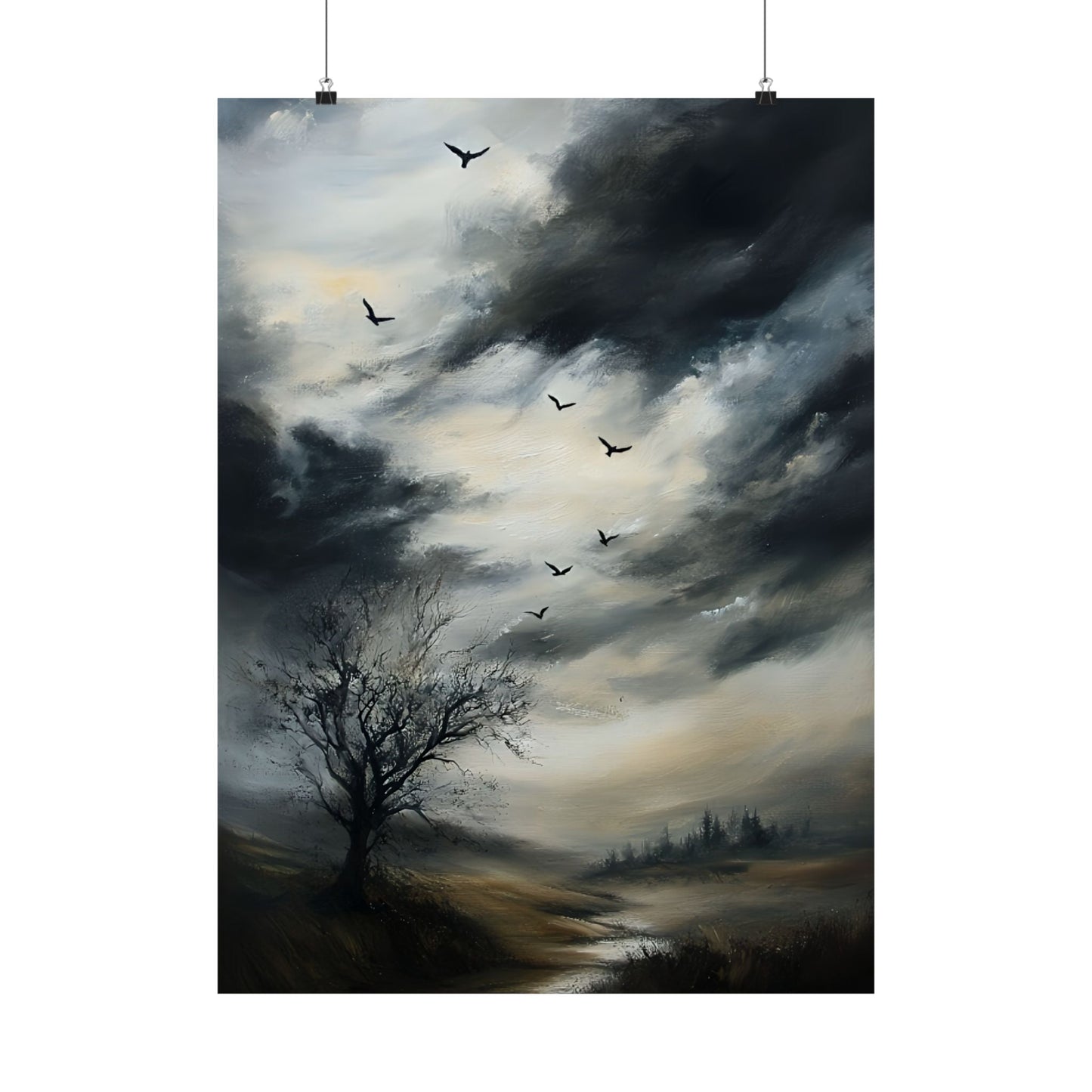 Moody Landscape Painting, Vintage Countryside Poster, Wildlife Print, Nature Wall Art, Dark Cloud Painting, Moody Sky Wall Art