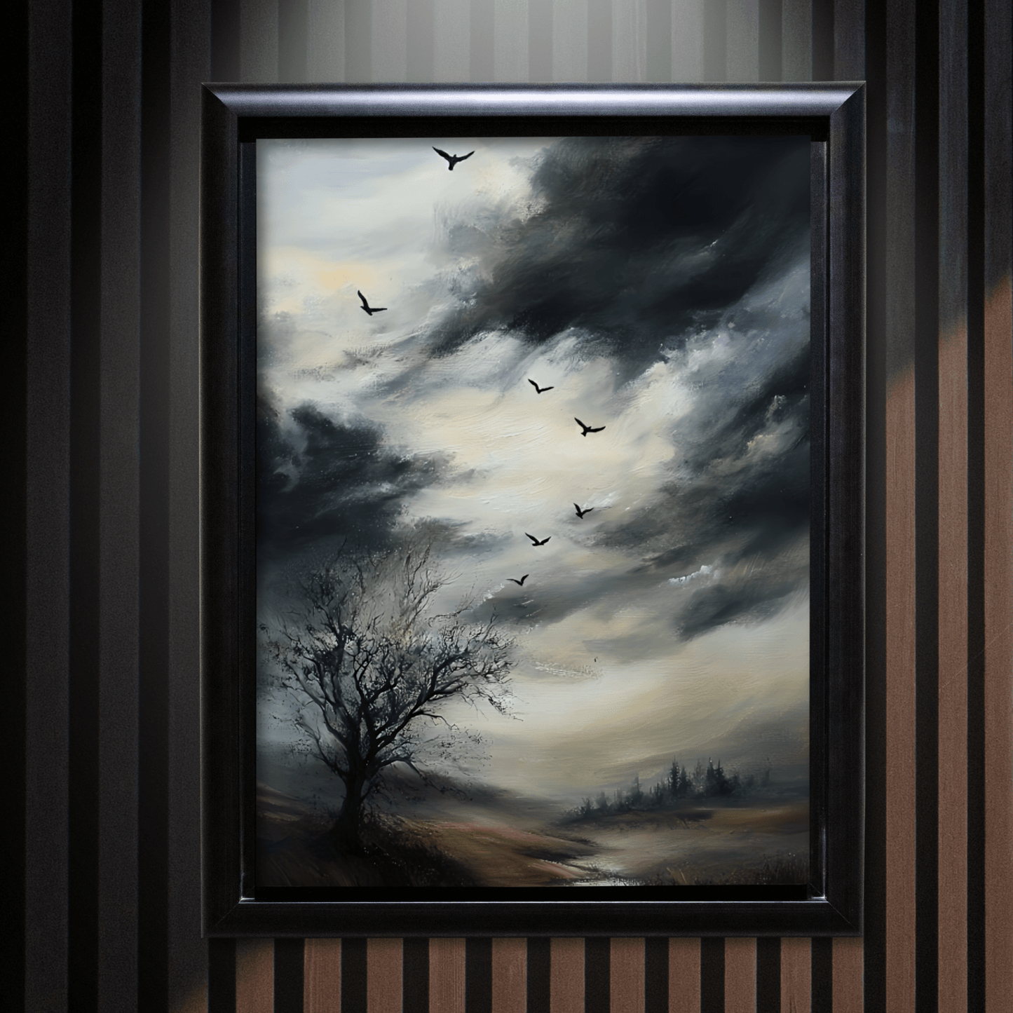 Moody Landscape Painting, Vintage Countryside Poster, Wildlife Print, Nature Wall Art, Dark Cloud Painting, Moody Sky Wall Art