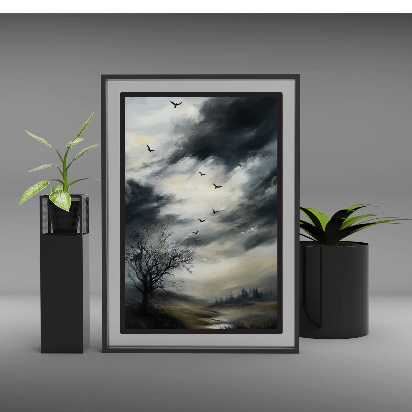 Moody Landscape Painting, Vintage Countryside Poster, Wildlife Print, Nature Wall Art, Dark Cloud Painting, Moody Sky Wall Art