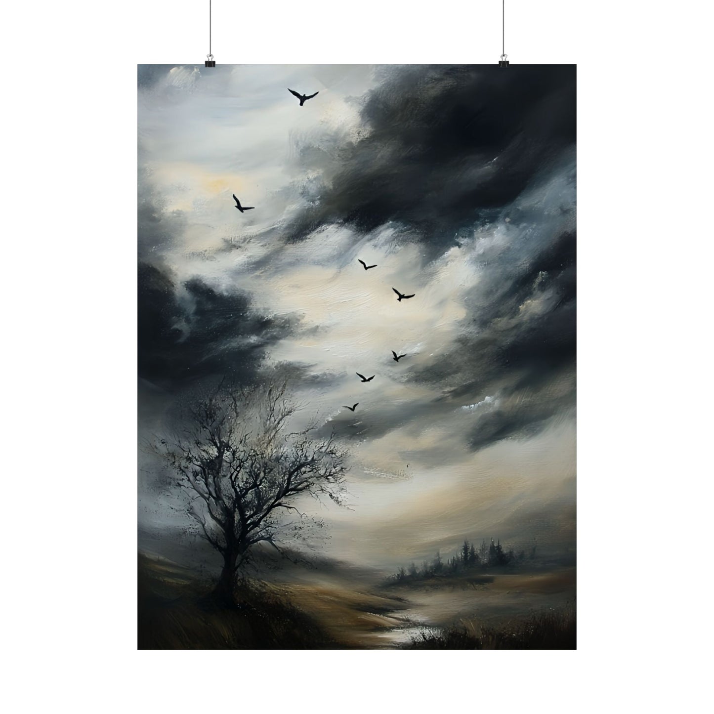 Moody Landscape Painting, Vintage Countryside Poster, Wildlife Print, Nature Wall Art, Dark Cloud Painting, Moody Sky Wall Art