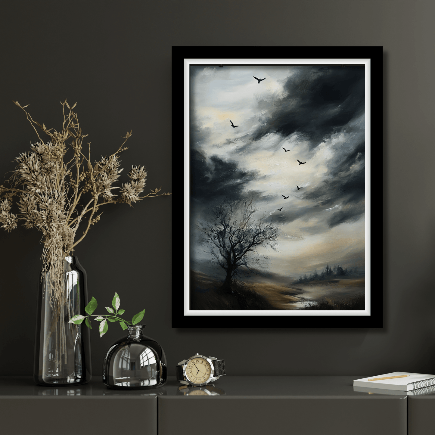 Moody Landscape Painting, Vintage Countryside Poster, Wildlife Print, Nature Wall Art, Dark Cloud Painting, Moody Sky Wall Art