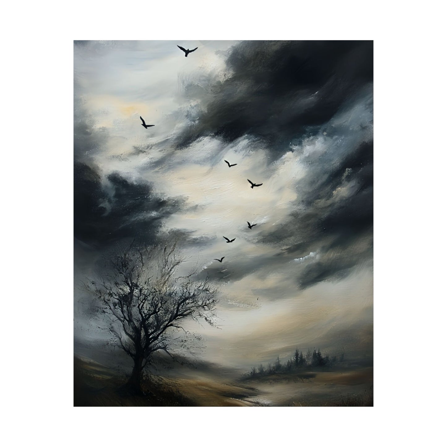 Moody Landscape Painting, Vintage Countryside Poster, Wildlife Print, Nature Wall Art, Dark Cloud Painting, Moody Sky Wall Art