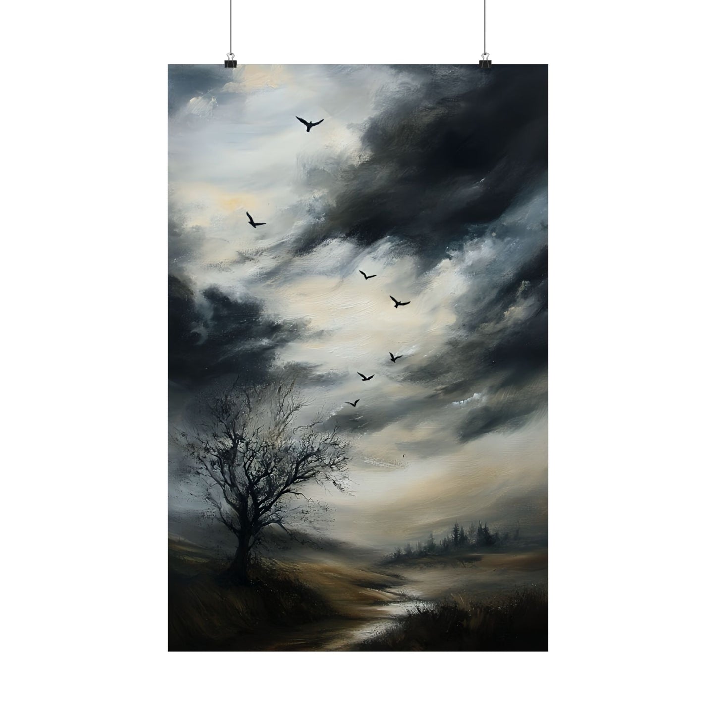 Moody Landscape Painting, Vintage Countryside Poster, Wildlife Print, Nature Wall Art, Dark Cloud Painting, Moody Sky Wall Art