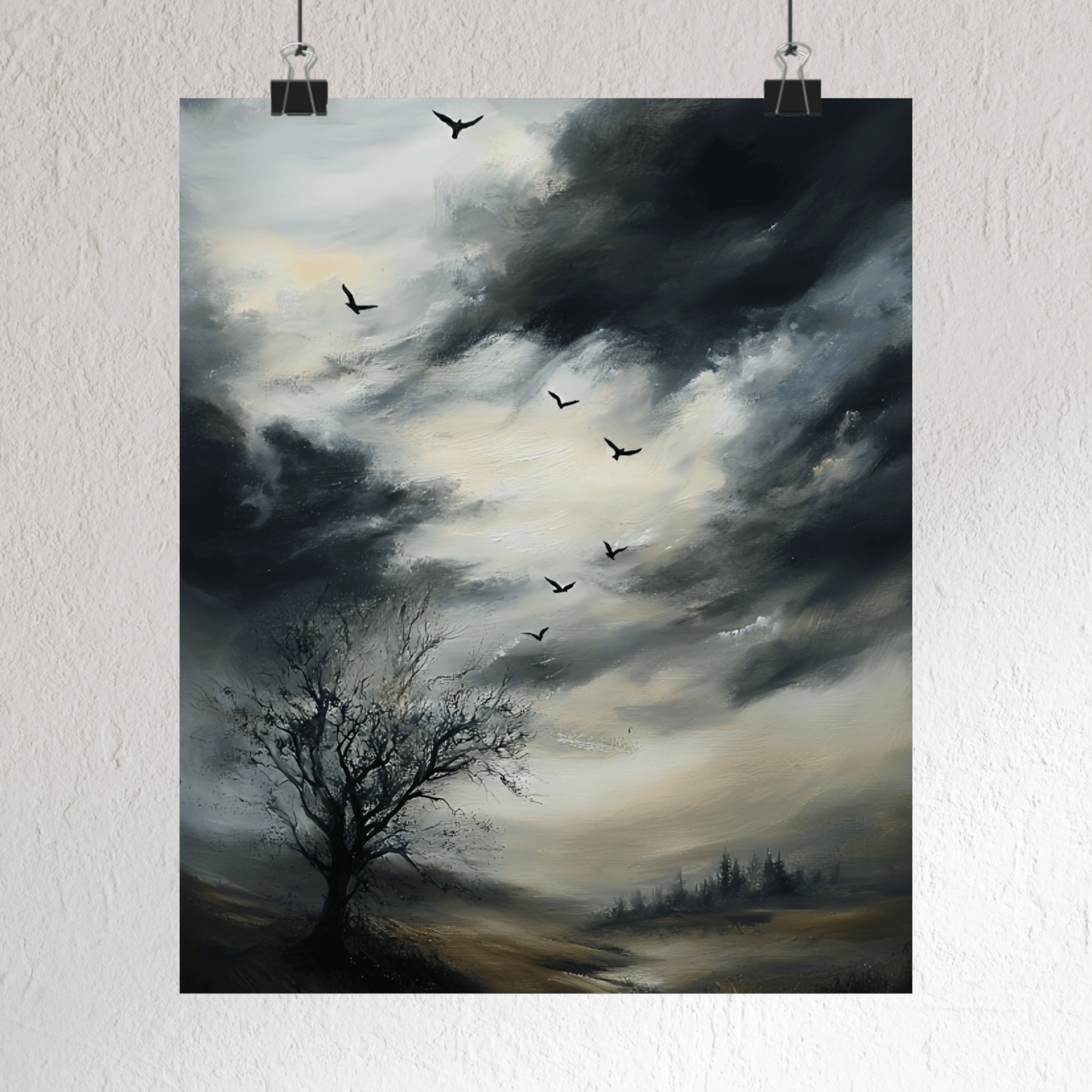 Moody Landscape Painting, Vintage Countryside Poster, Wildlife Print, Nature Wall Art, Dark Cloud Painting, Moody Sky Wall Art