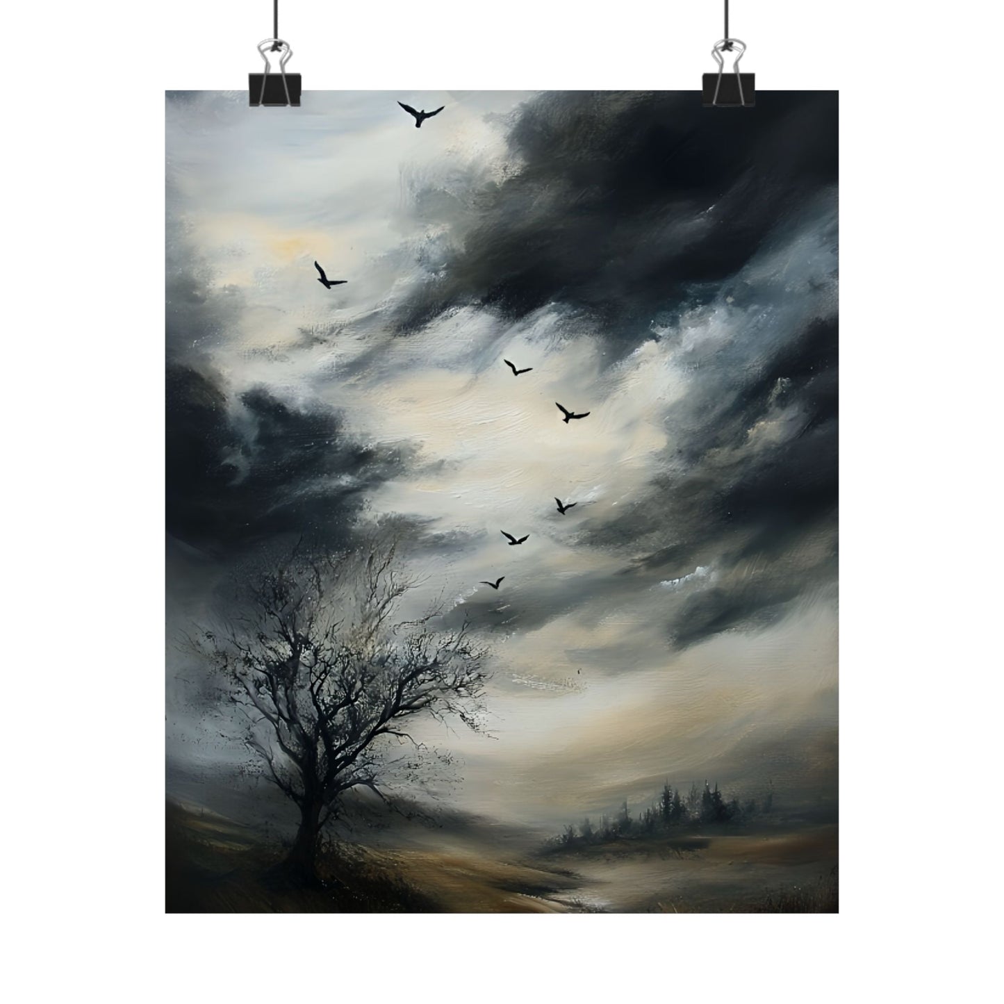 Moody Landscape Painting, Vintage Countryside Poster, Wildlife Print, Nature Wall Art, Dark Cloud Painting, Moody Sky Wall Art