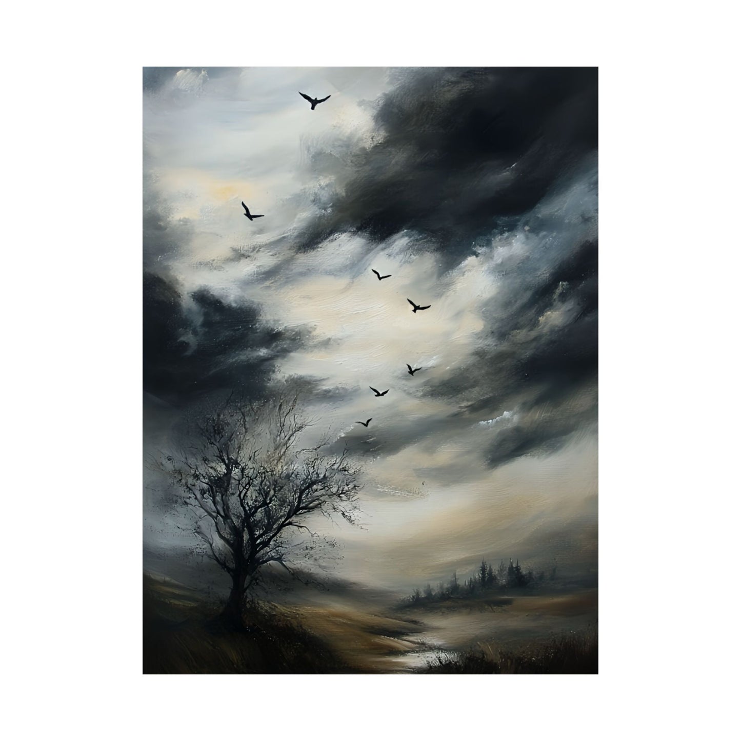 Moody Landscape Painting, Vintage Countryside Poster, Wildlife Print, Nature Wall Art, Dark Cloud Painting, Moody Sky Wall Art