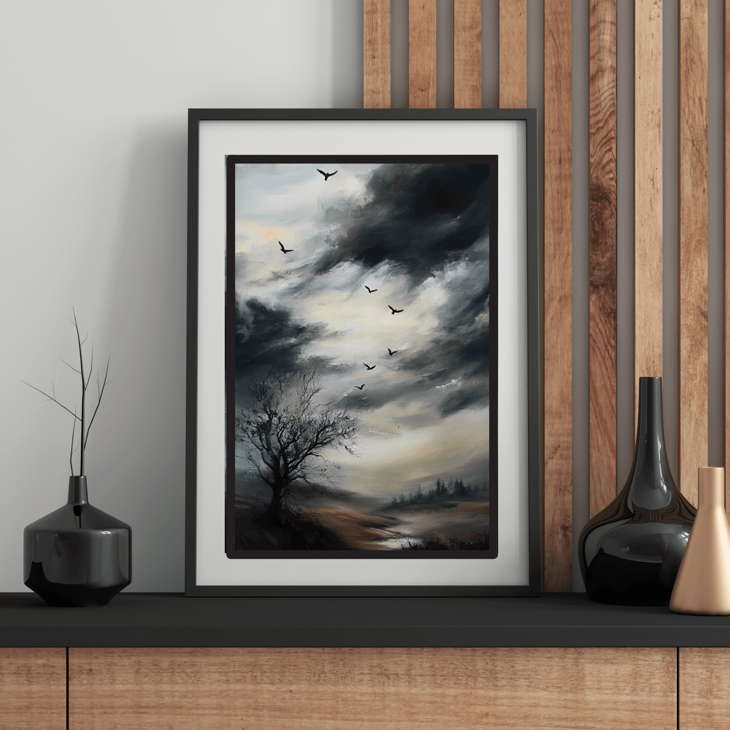 Moody Landscape Painting, Vintage Countryside Poster, Wildlife Print, Nature Wall Art, Dark Cloud Painting, Moody Sky Wall Art