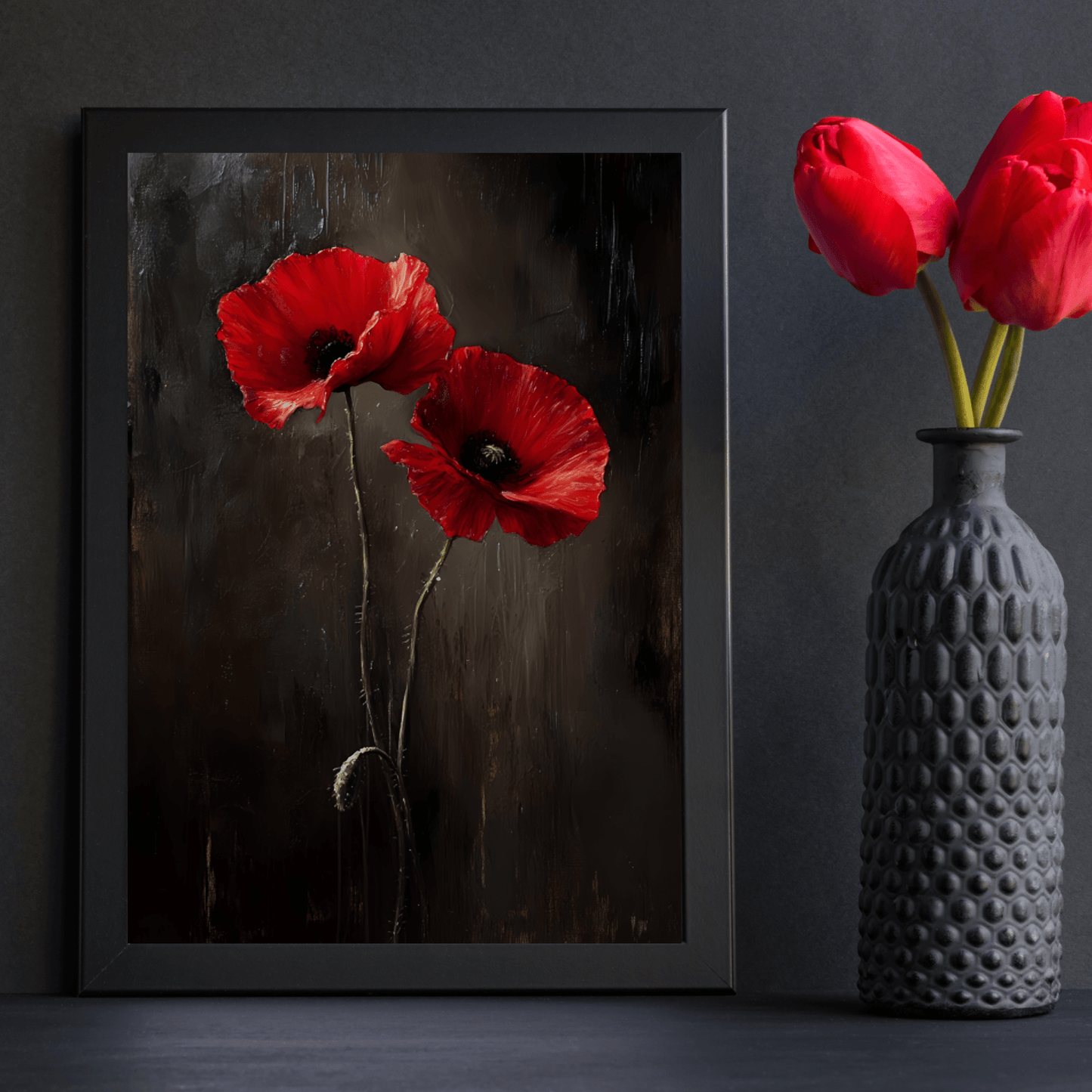 Moody Poppy Flowers Painting - Floral Poster - Gothic Wall Art Print - Botanical Wall Decor - Vintage Oil Painting