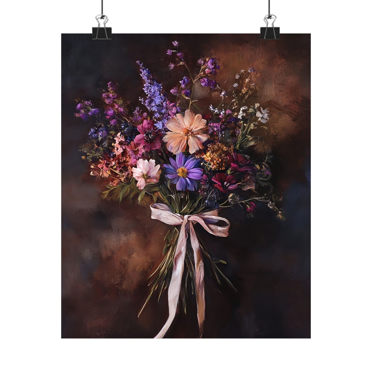 Moody Wildflower Bouquet Wall Art Print - Vintage Flower Poster - Dark Floral Painting - Dark Academia with Pink Bow