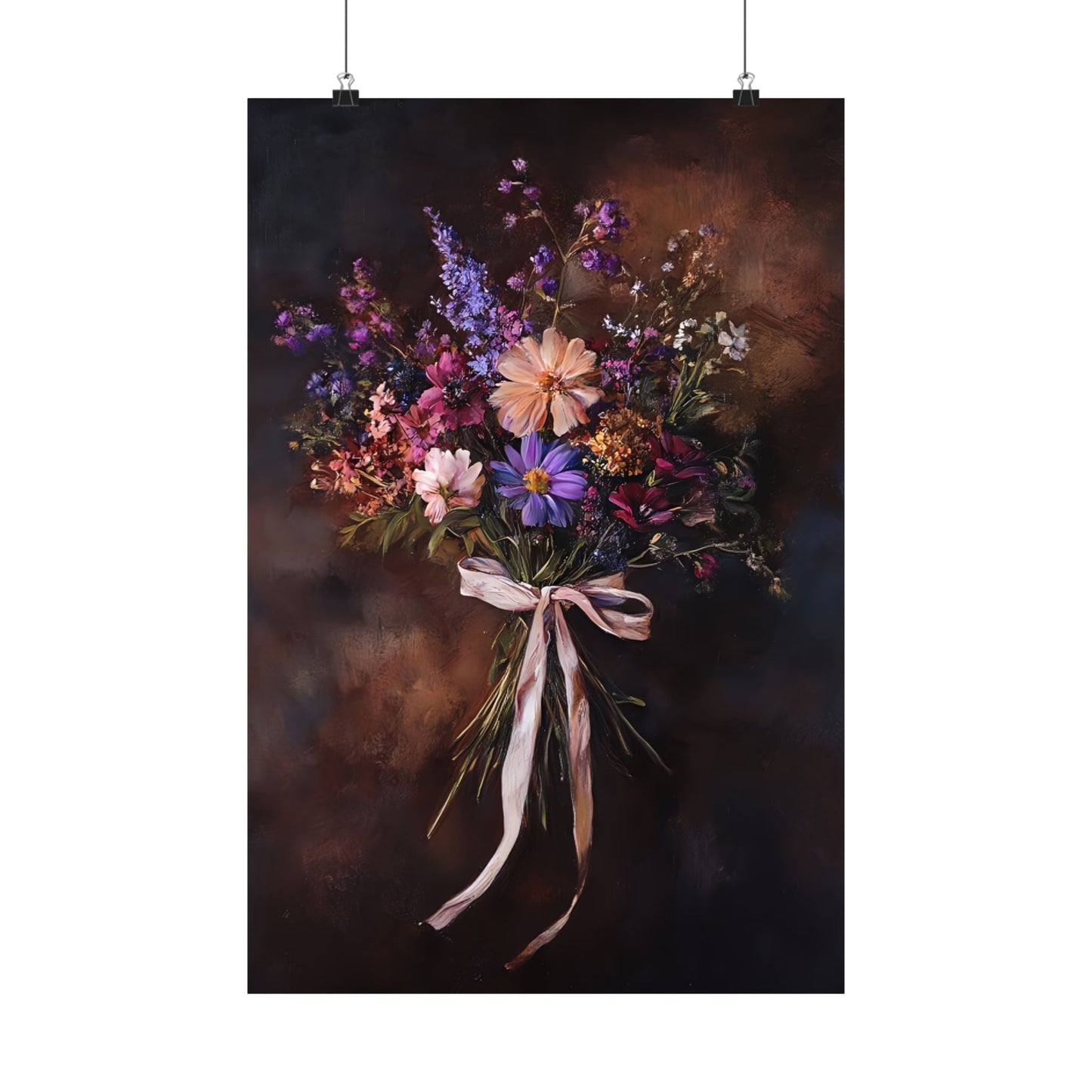 Moody Wildflower Bouquet Wall Art Print - Vintage Flower Poster - Dark Floral Painting - Dark Academia with Pink Bow
