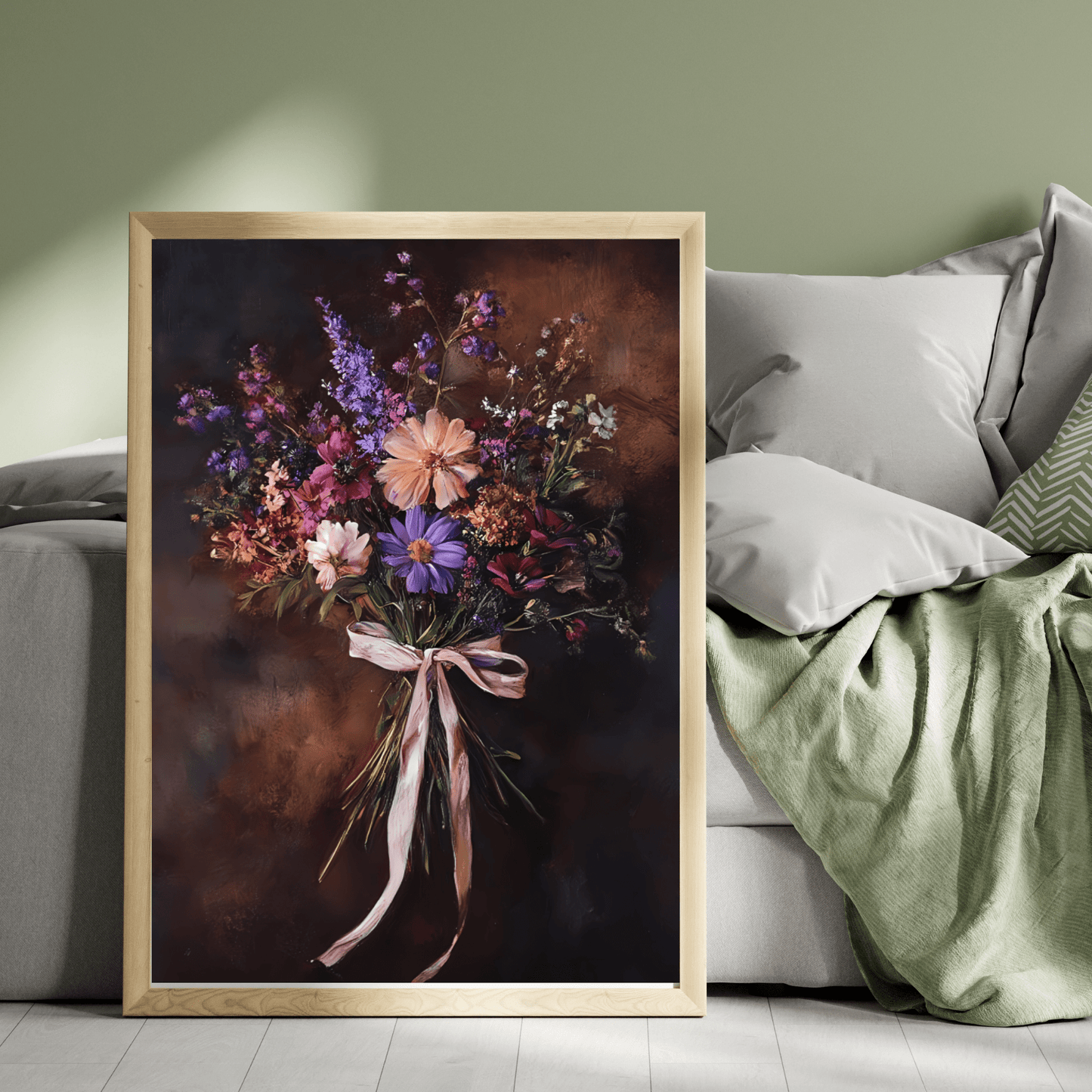 Moody Wildflower Bouquet Wall Art Print - Vintage Flower Poster - Dark Floral Painting - Dark Academia with Pink Bow