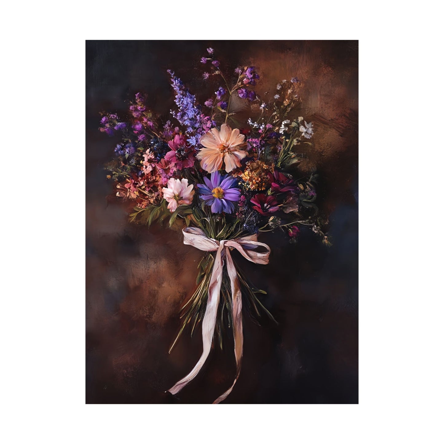 Moody Wildflower Bouquet Wall Art Print - Vintage Flower Poster - Dark Floral Painting - Dark Academia with Pink Bow