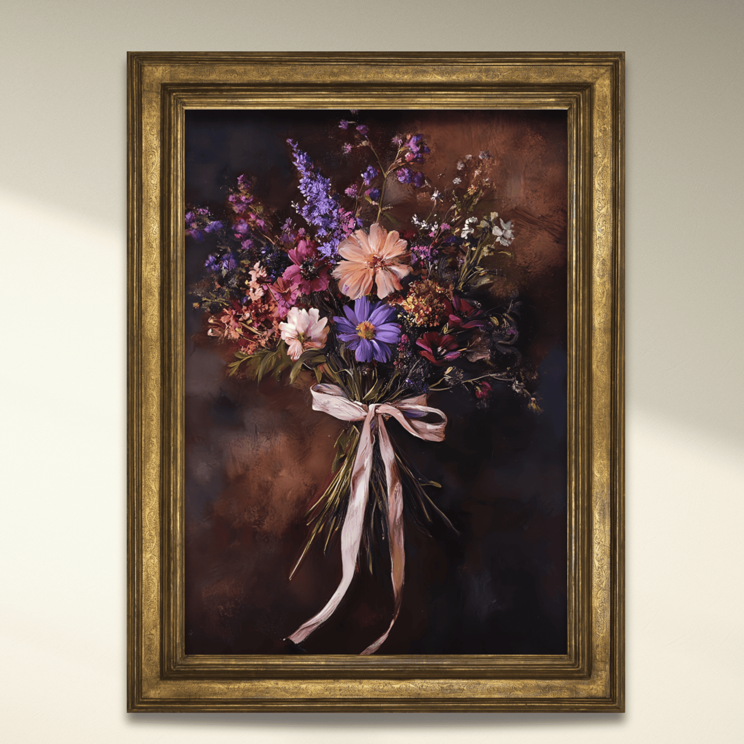 Moody Wildflower Bouquet Wall Art Print - Vintage Flower Poster - Dark Floral Painting - Dark Academia with Pink Bow