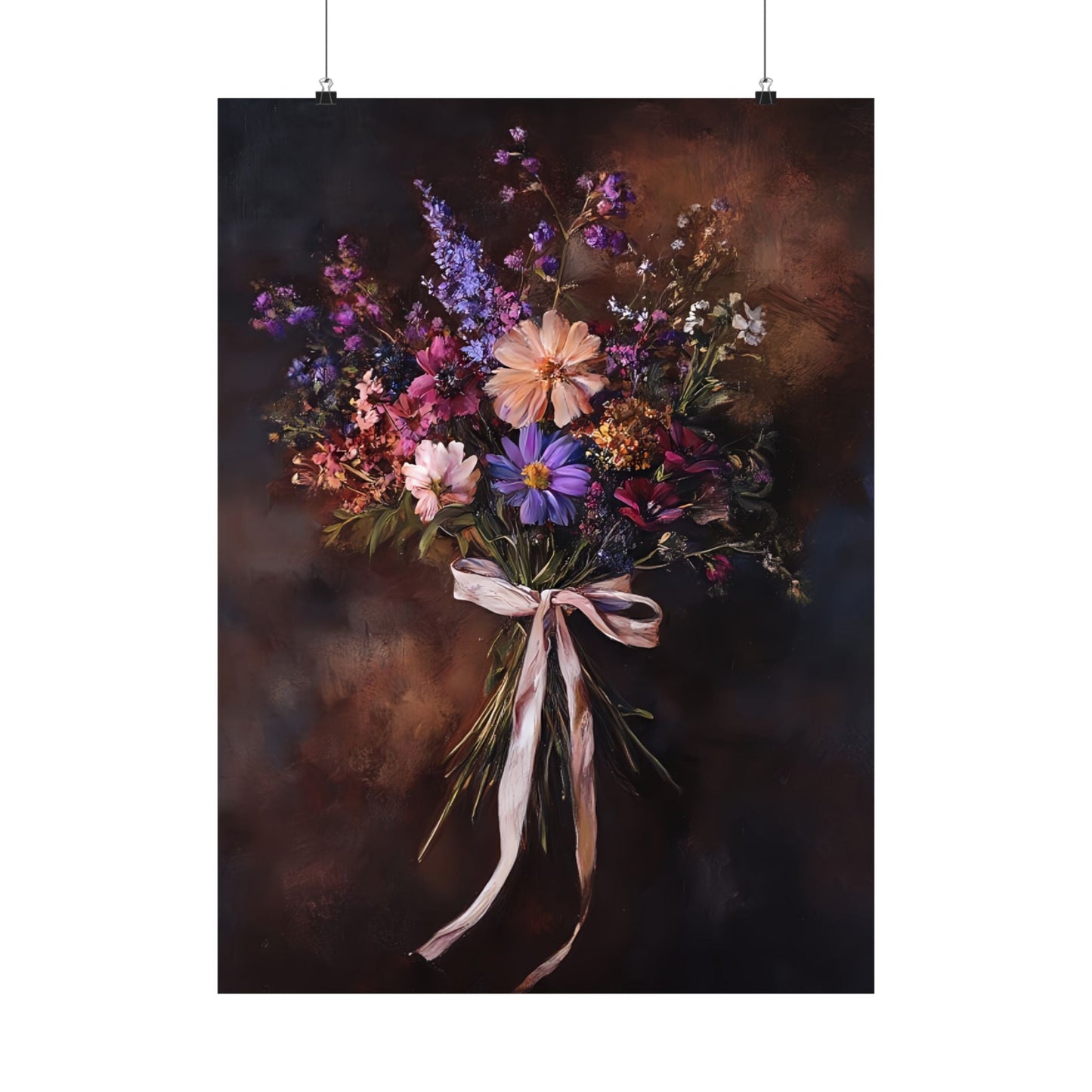 Moody Wildflower Bouquet Wall Art Print - Vintage Flower Poster - Dark Floral Painting - Dark Academia with Pink Bow