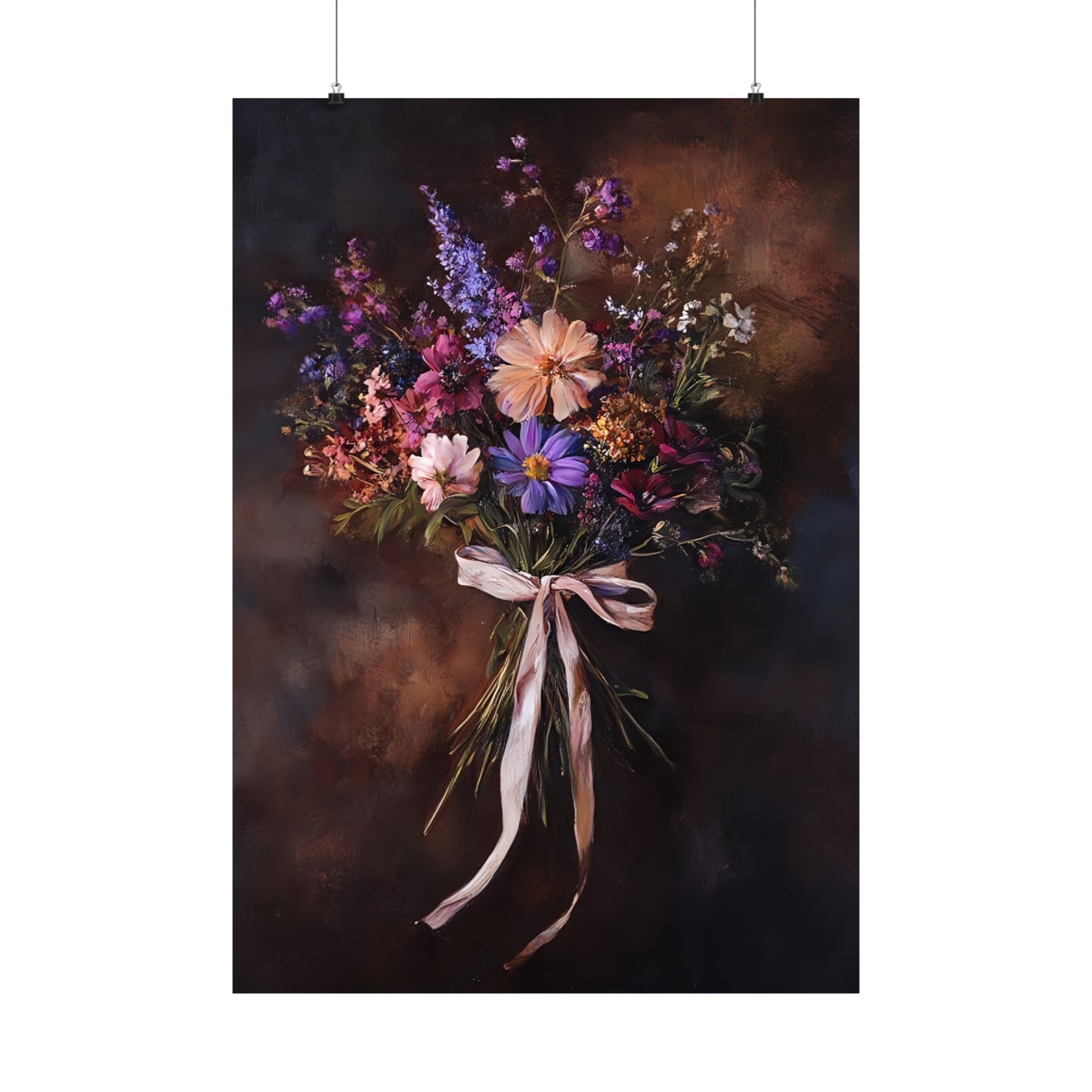 Moody Wildflower Bouquet Wall Art Print - Vintage Flower Poster - Dark Floral Painting - Dark Academia with Pink Bow