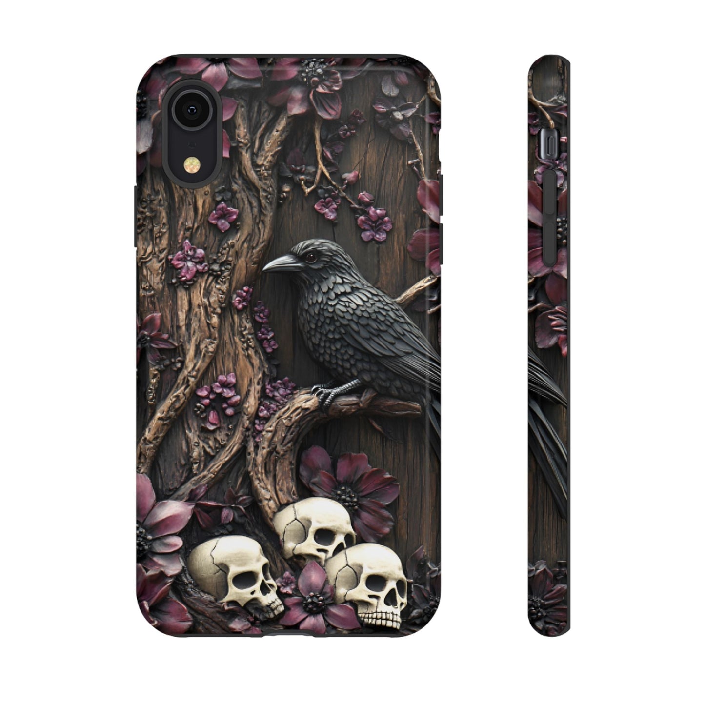 Raven and Skulls Phone Case - Gothic Faux Wood Phone Cases for iPhone 16 15 14 13 12 11, Samsung Galaxy & Google Pixel