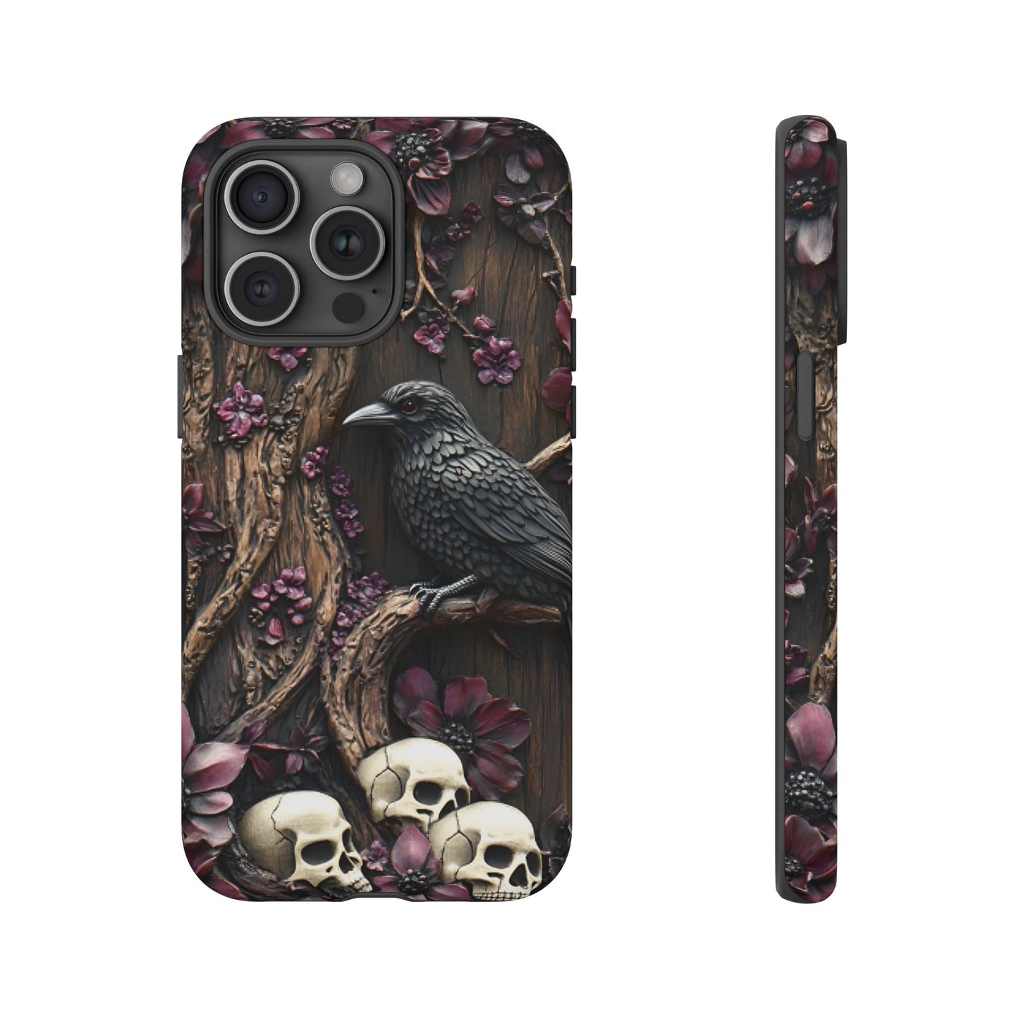 Raven and Skulls Phone Case - Gothic Faux Wood Phone Cases for iPhone 16 15 14 13 12 11, Samsung Galaxy & Google Pixel