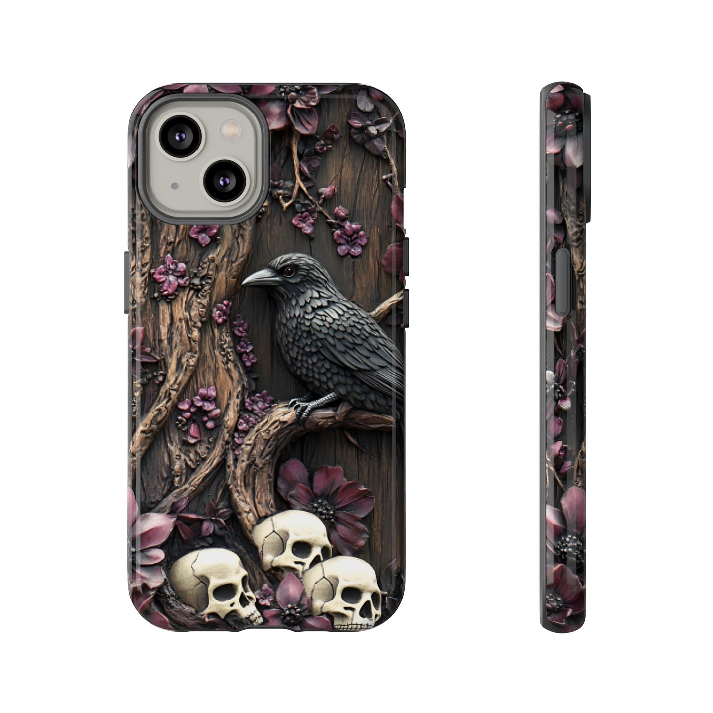 Raven and Skulls Phone Case - Gothic Faux Wood Phone Cases for iPhone 16 15 14 13 12 11, Samsung Galaxy & Google Pixel