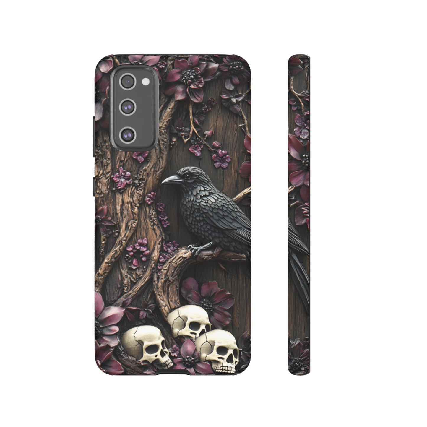 Raven and Skulls Phone Case - Gothic Faux Wood Phone Cases for iPhone 16 15 14 13 12 11, Samsung Galaxy & Google Pixel