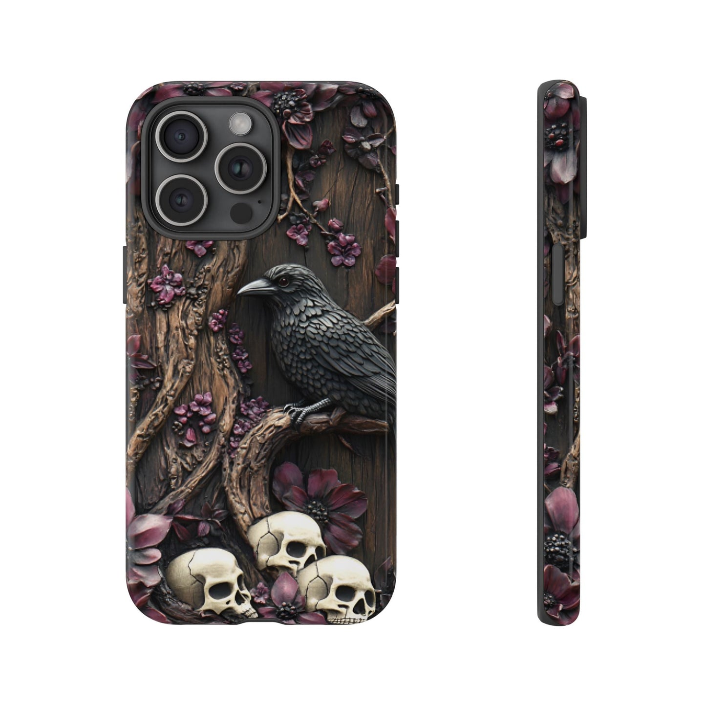 Raven and Skulls Phone Case - Gothic Faux Wood Phone Cases for iPhone 16 15 14 13 12 11, Samsung Galaxy & Google Pixel